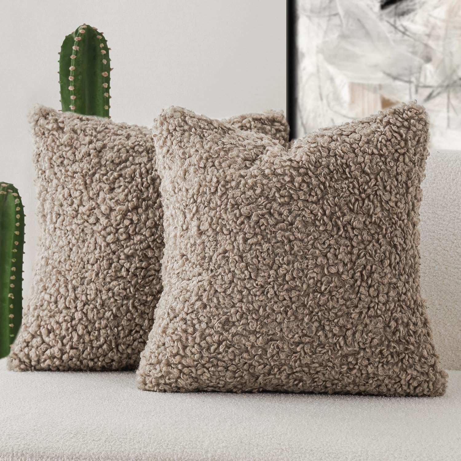 Foindtower 2 Pieces 24X24 Inch Khaki, Faux Fur Throw Pillow Cover Accent Sherpa Pillow Fuzzy Soft Pillowcases Sheepskin Decorati