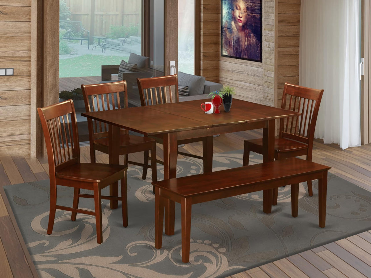 East West Furniture MLNO6C-MAH-W 6 Piece Kitchen Table & Chairs Set Contains a Rectangle Dining Room Table with Butterfly Leaf and 4 Dining Chairs with a Bench, 36x54 Inch, Mahogany