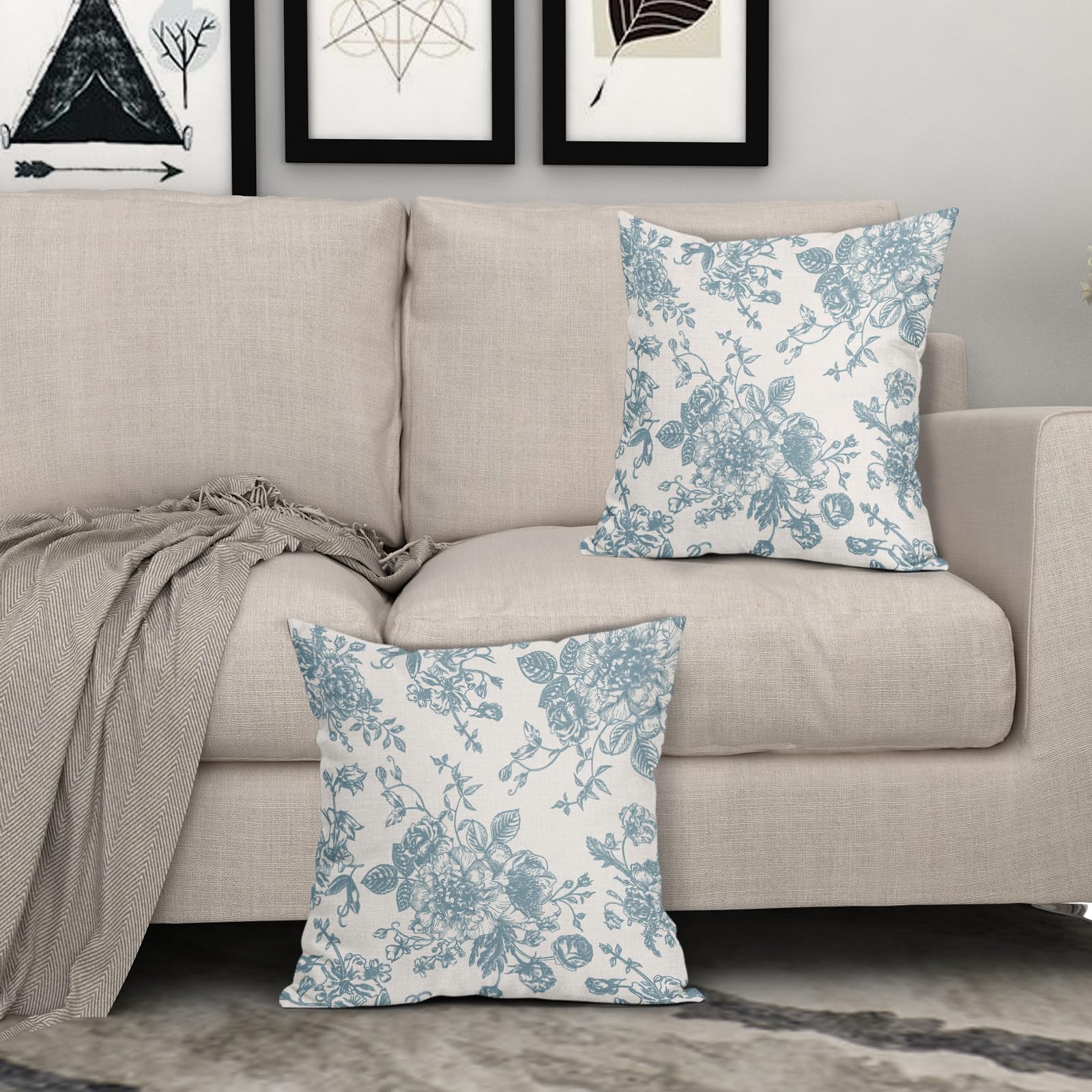 Smoke Blue And Cream Floral Pillow Covers 18X18 Inch Set Of 2 Vintage Floral Throw Pillow Covers Chinoiserie Flower Pillowcases