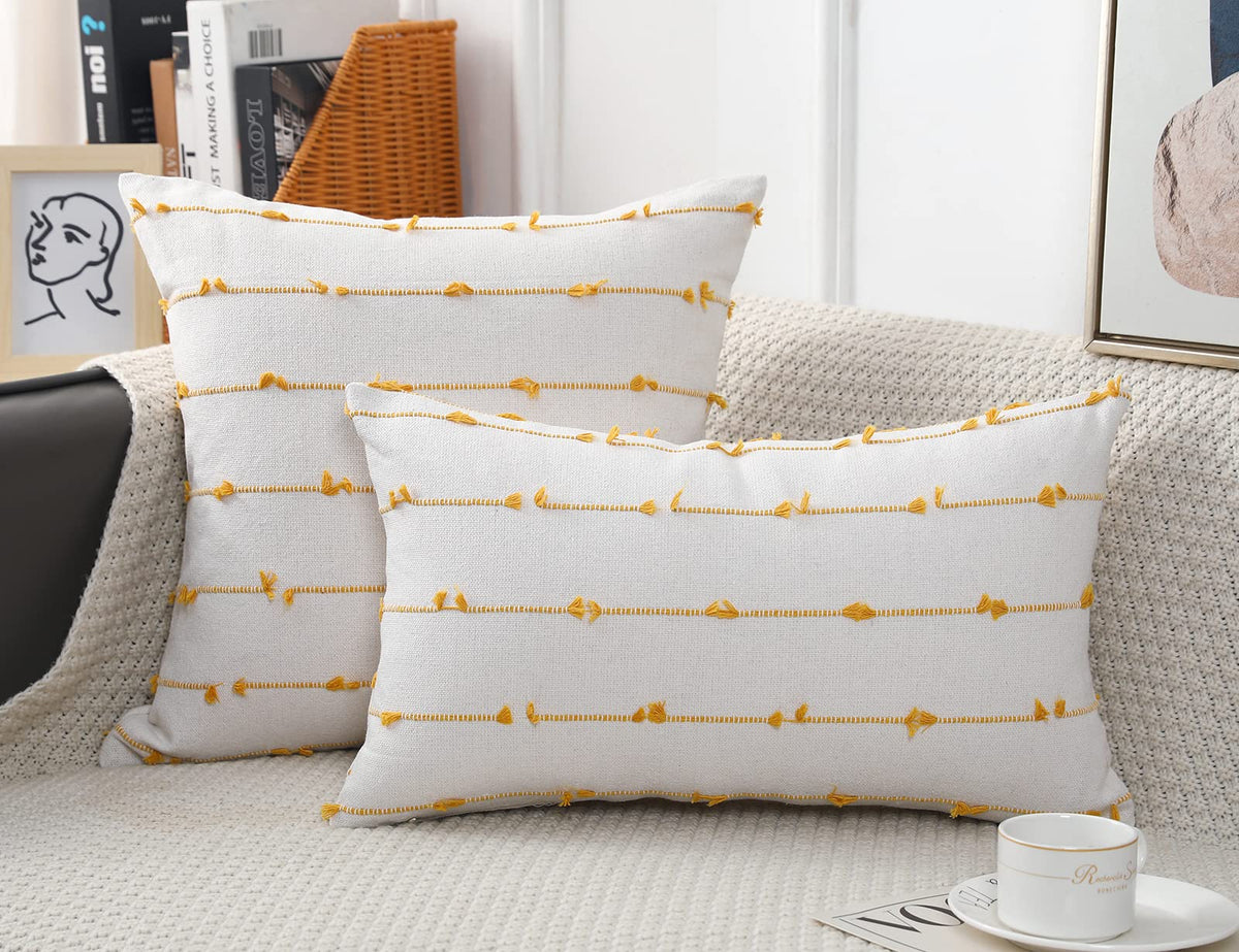 Nuyecy Set Of 2 Boho Throw Pillow Covers 26X26,Beige Yellow Neutral Couch Pillow Case With Tassel Fringe Decorative,Modern Accen