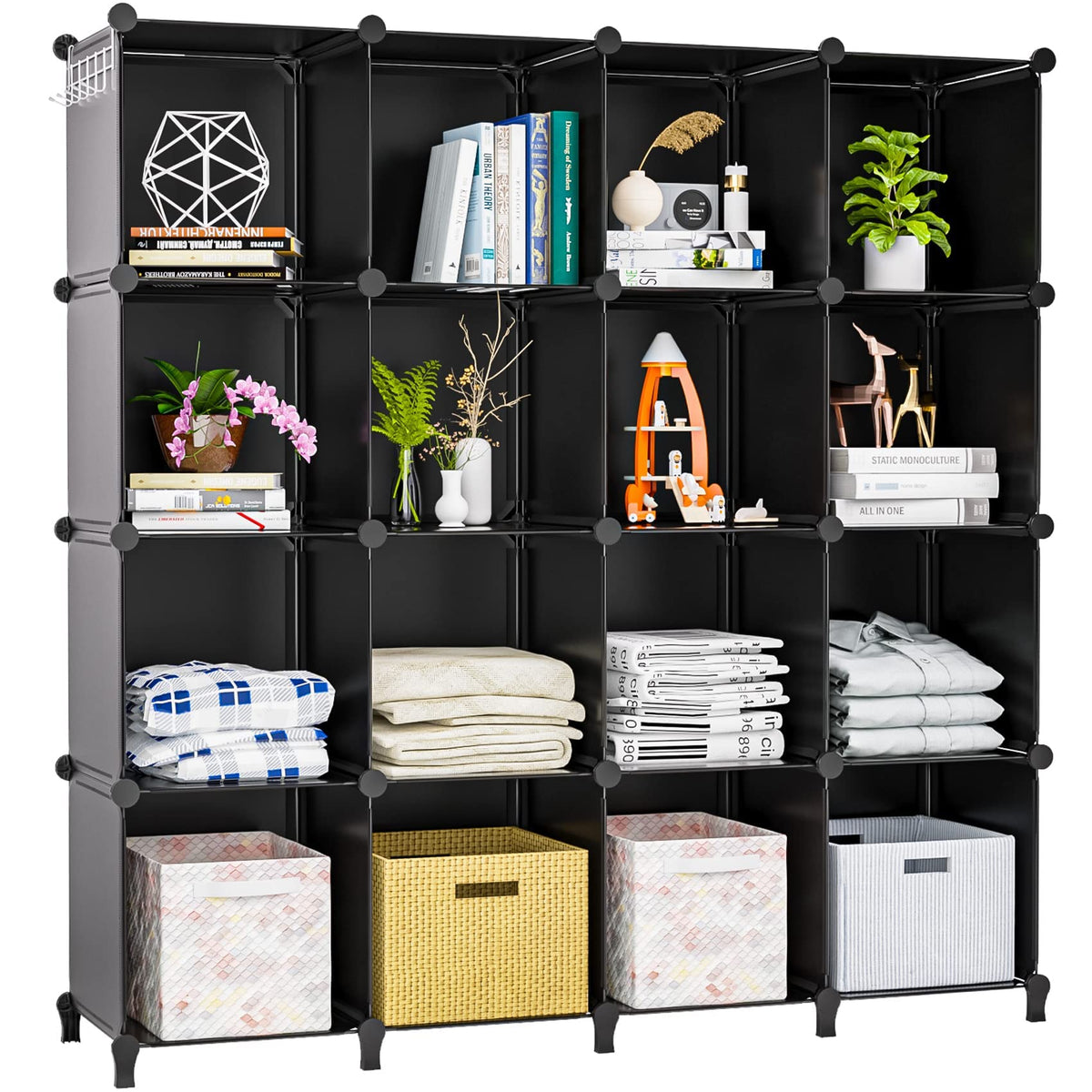 Neprock 16 Cubby Storage Organizer,Closet Clothes Storage Organizer,Cube Shelves Closet Organizers And Storage Shelves For Clothing Storage With Hammer, Bookshelf For Kids(Black)