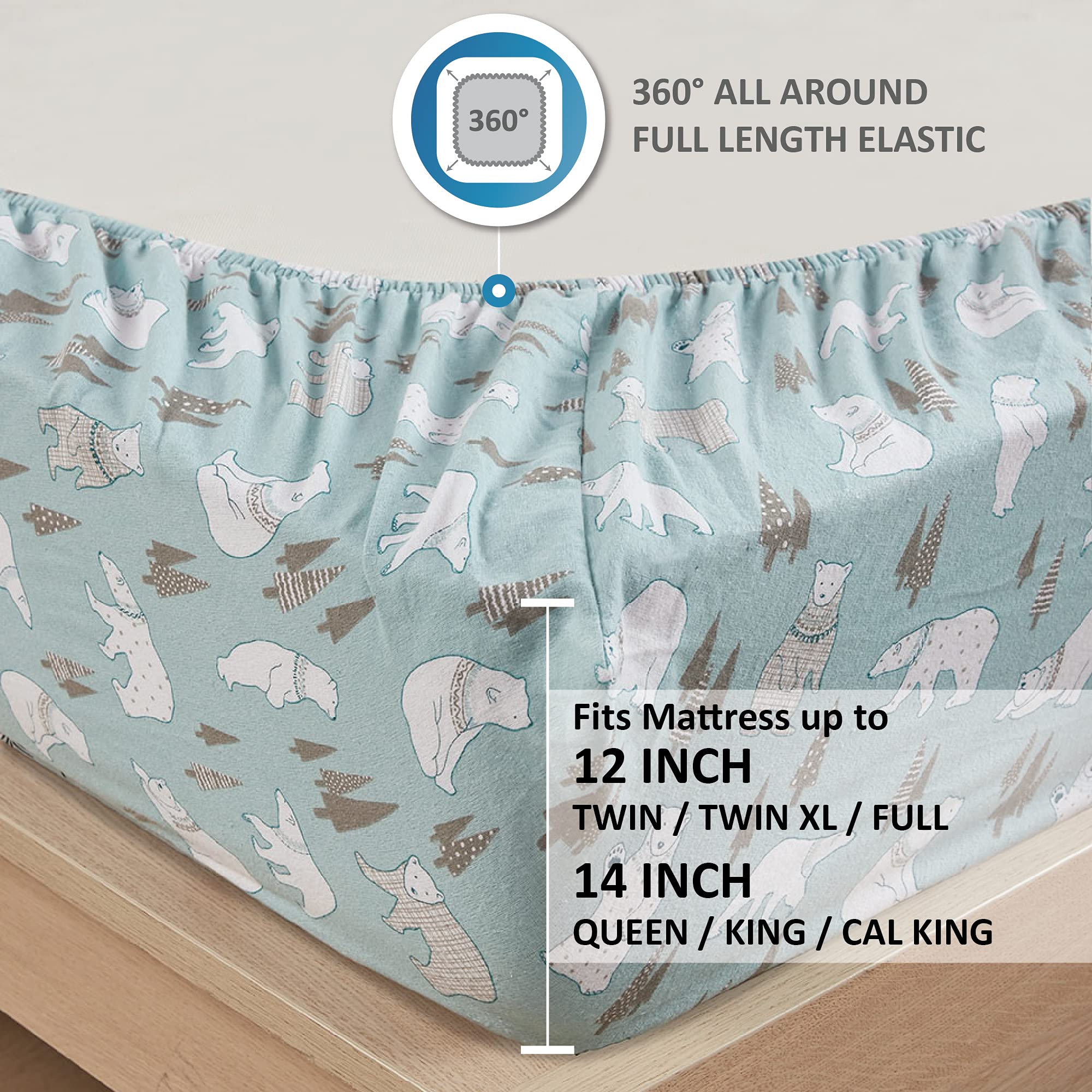 Comfort Spaces Cotton Flannel Breathable Warm, Deep Pocket Sheets With Pillow Case Bedding, Queen, Blue Polar Bears 4 Piece