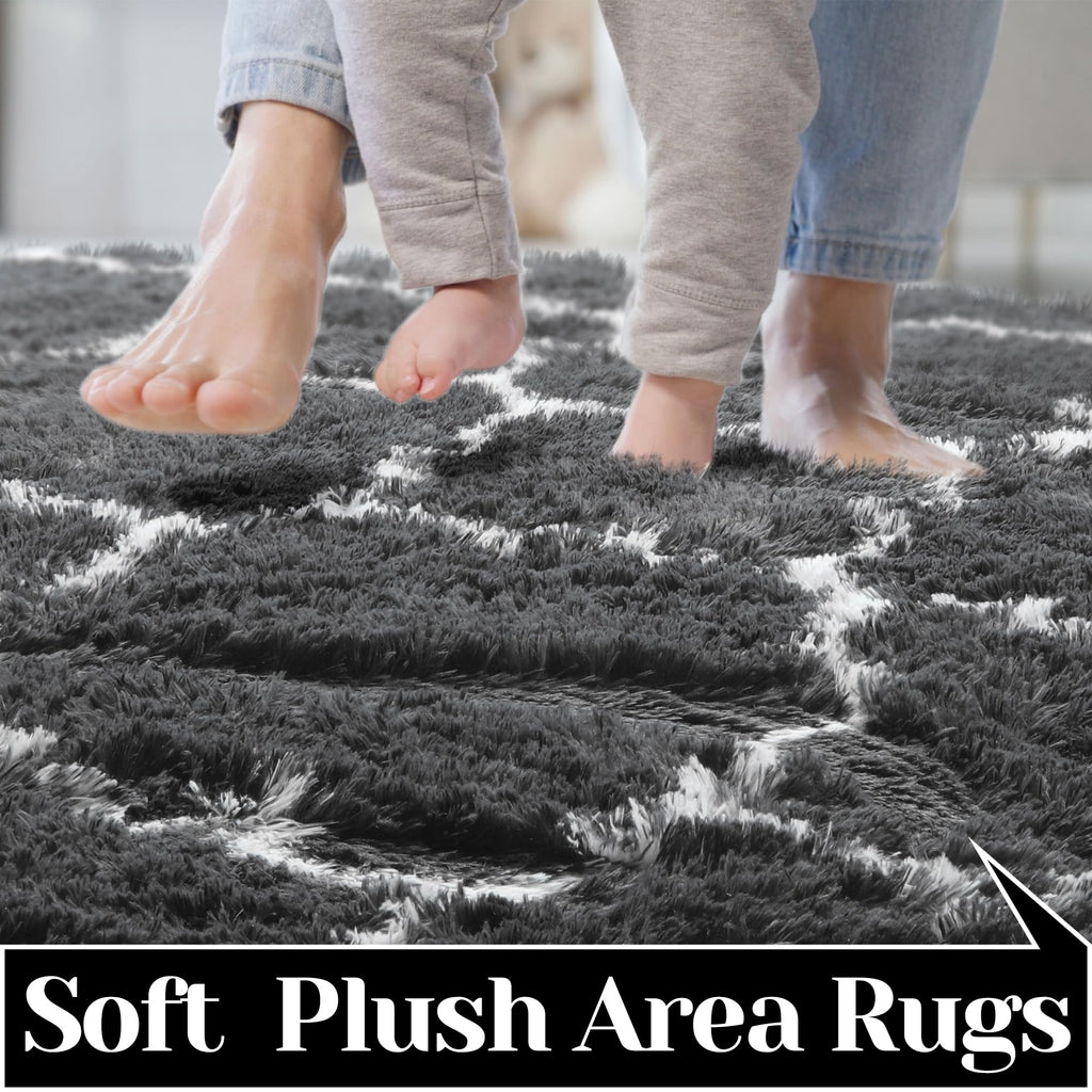 Amdrebio Dark Grey And White Rugs For Bedroom Fluffy, 5X7 Rug, Modern Fuzzy Area Rug For Living Room, Plush Shaggy Floor Rug For