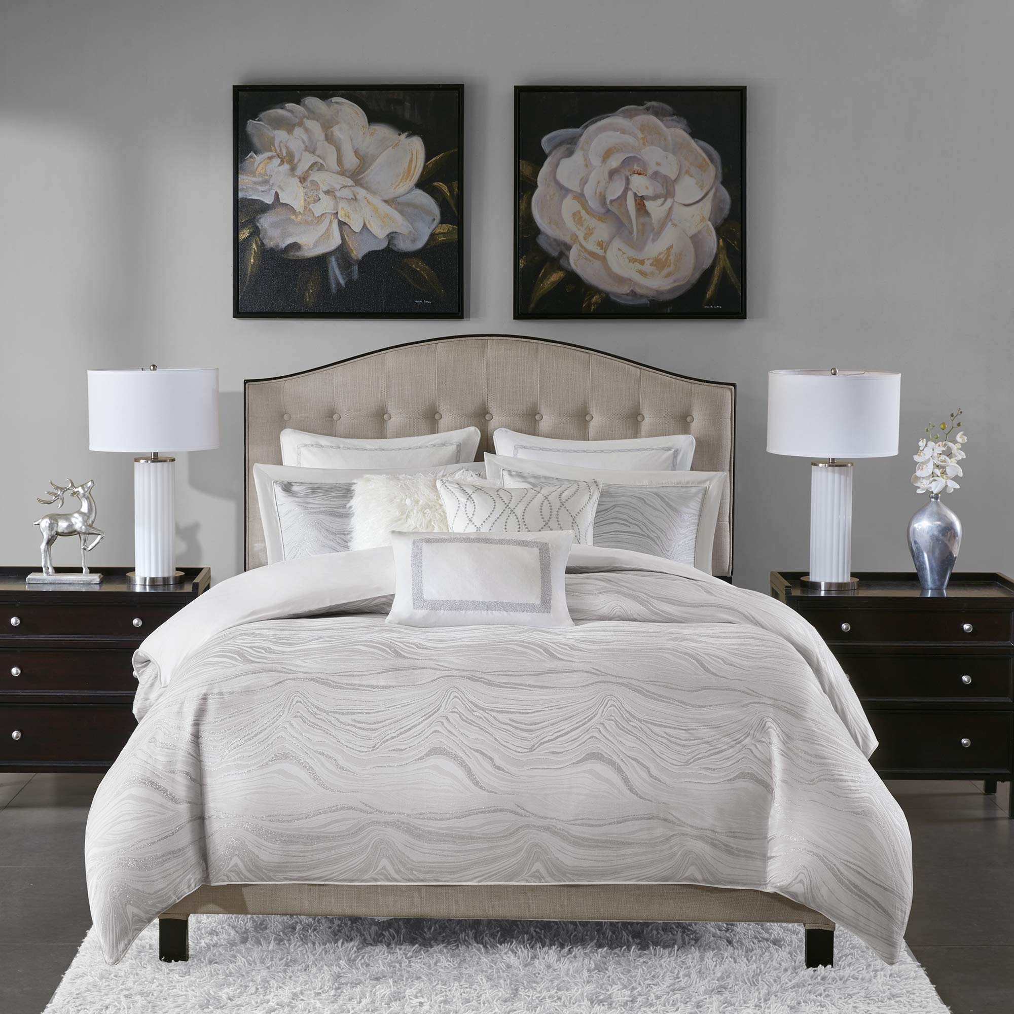 Madison Park Signature Glam Cozy Comforter Set - All Season Bedding Combo Filled Insert And Removable Duvet Cover, Shams, Decorative Pillows, Metallic White King(110'X96') 10 Piece