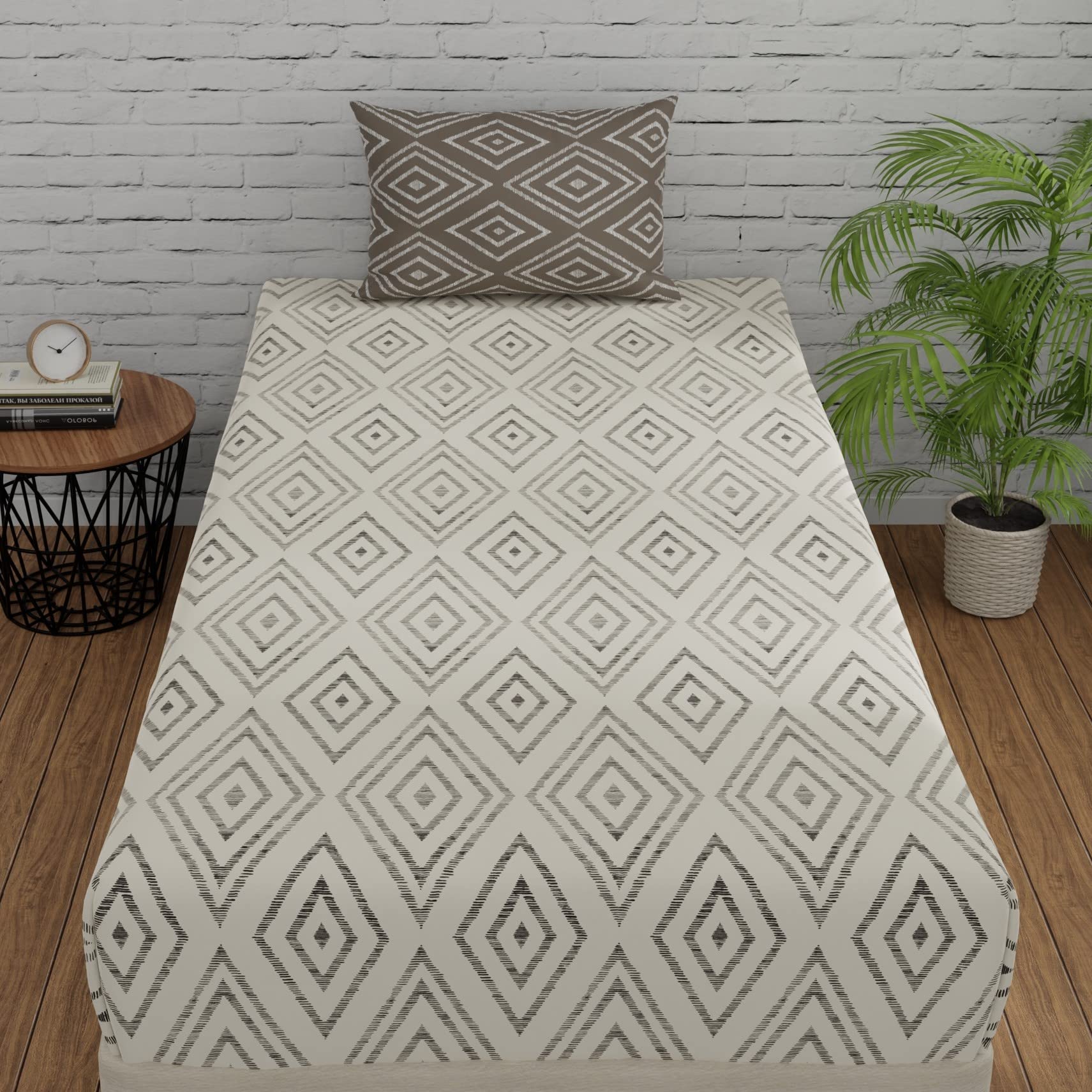 Huesland By Ahmedabad Cotton 144 Tc Fitted Bedsheet Single Bed Cotton With 1 Pillow Cover | 36X78 Inches | White & Taupe