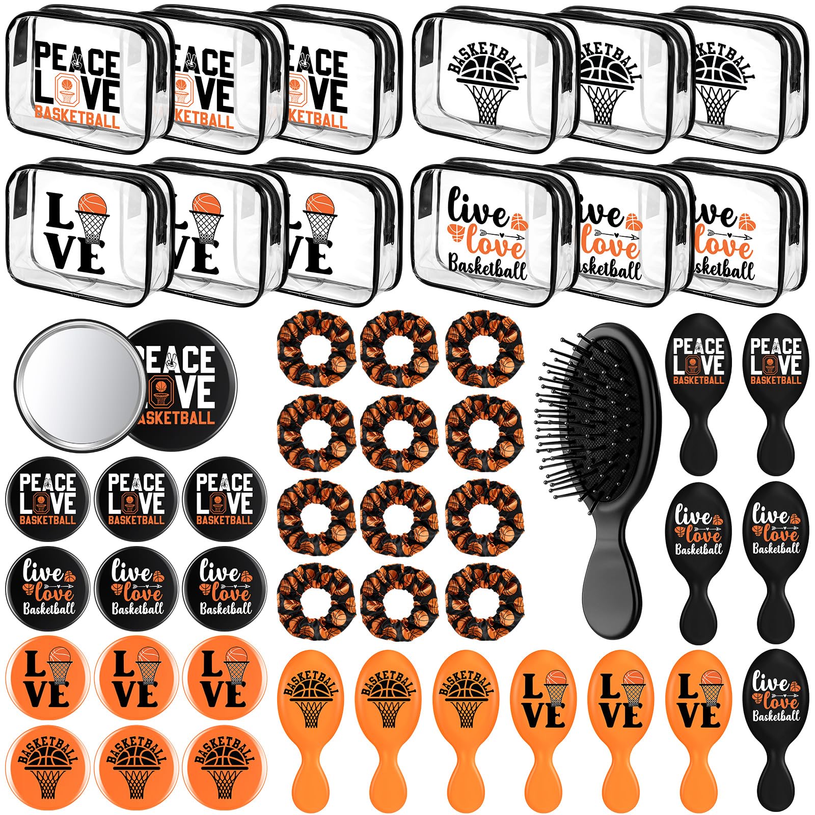 SilTriangle 48 Pcs Basketball Valentine Team Gifts Bulk 12 Basketball Makeup Bags 12 Hair Scrunchies 12 Mirror 12 Mini Hair Brus