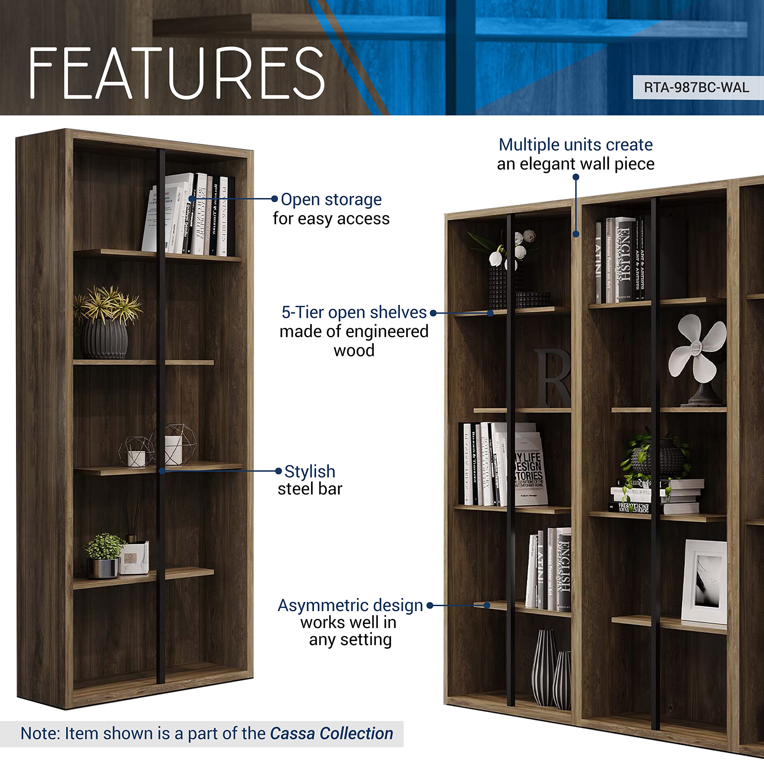Techni Mobili 5 Shelf Bookcase - Walnut Vertical Standing Wood Bookshelf For Living Room, Bedroom & Home Office - Staggered Bookcase With Asymmetrical Shelves & Heavy Duty Steel Bar Cassa Collection