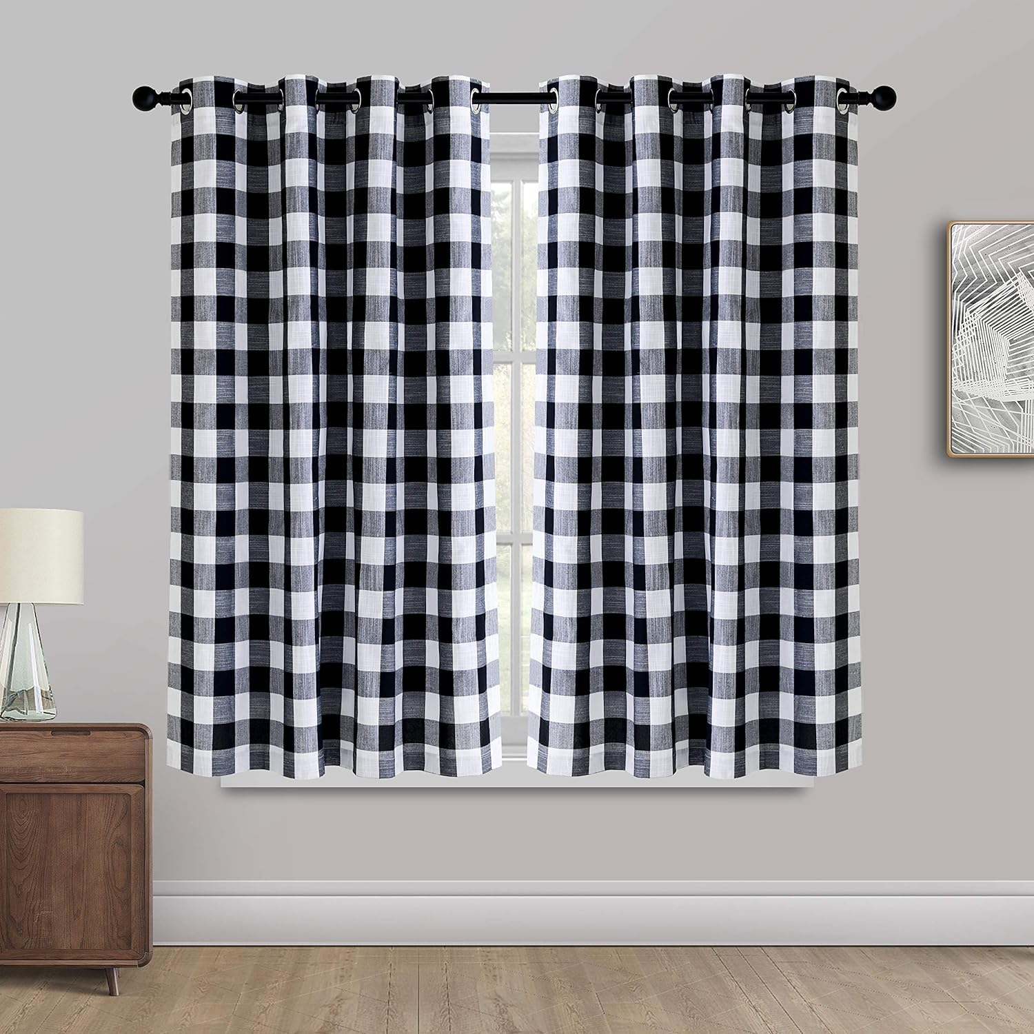 Creativesfun Farmhouse Faux Linen Look Buffalo Check Grommet Window Curtain (Black & Cream, 53 X 36)