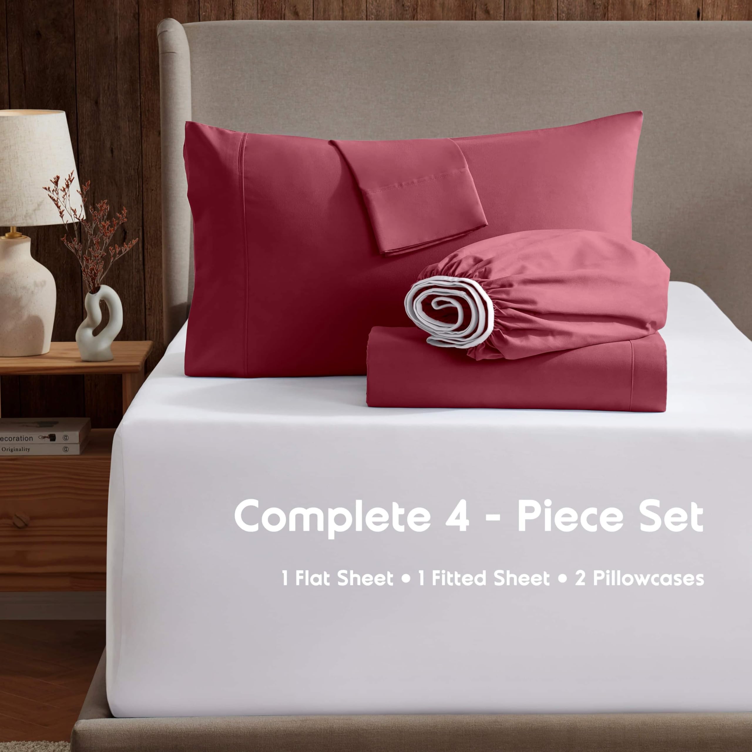 Nestl Full Size Sheet Sets - 4 Piece Full Size Sheets, Deep Pocket, Hotel Luxury, Extra Soft, Breathable And Cooling, Burgundy Red Bed Sheets For Full Size Mattress