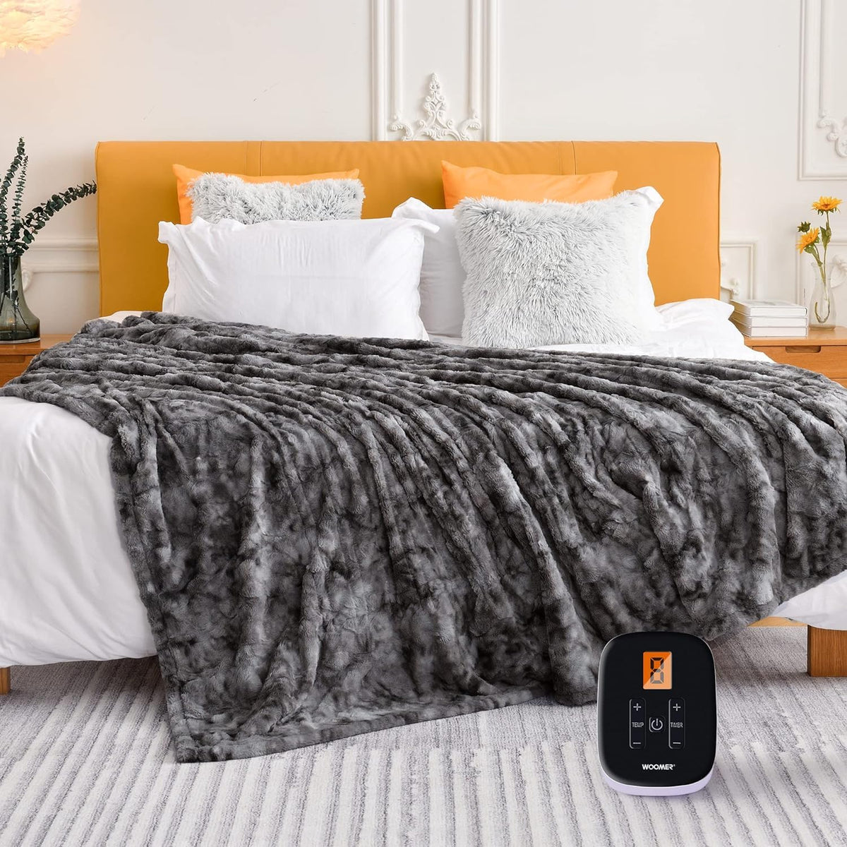Woomer Heated Blanket Twin Size Electric Blanket 62'X 84', Soft Faux Fur Fast Heating Blanket, 10 Heating Levels & 0.5-12H Aut