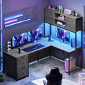 SEDETA L Shaped Gaming Desk, Reversible Computer Desk with Fabric Drawers and Power Outlet, Gaming Desk with Led Lights, Hutch a