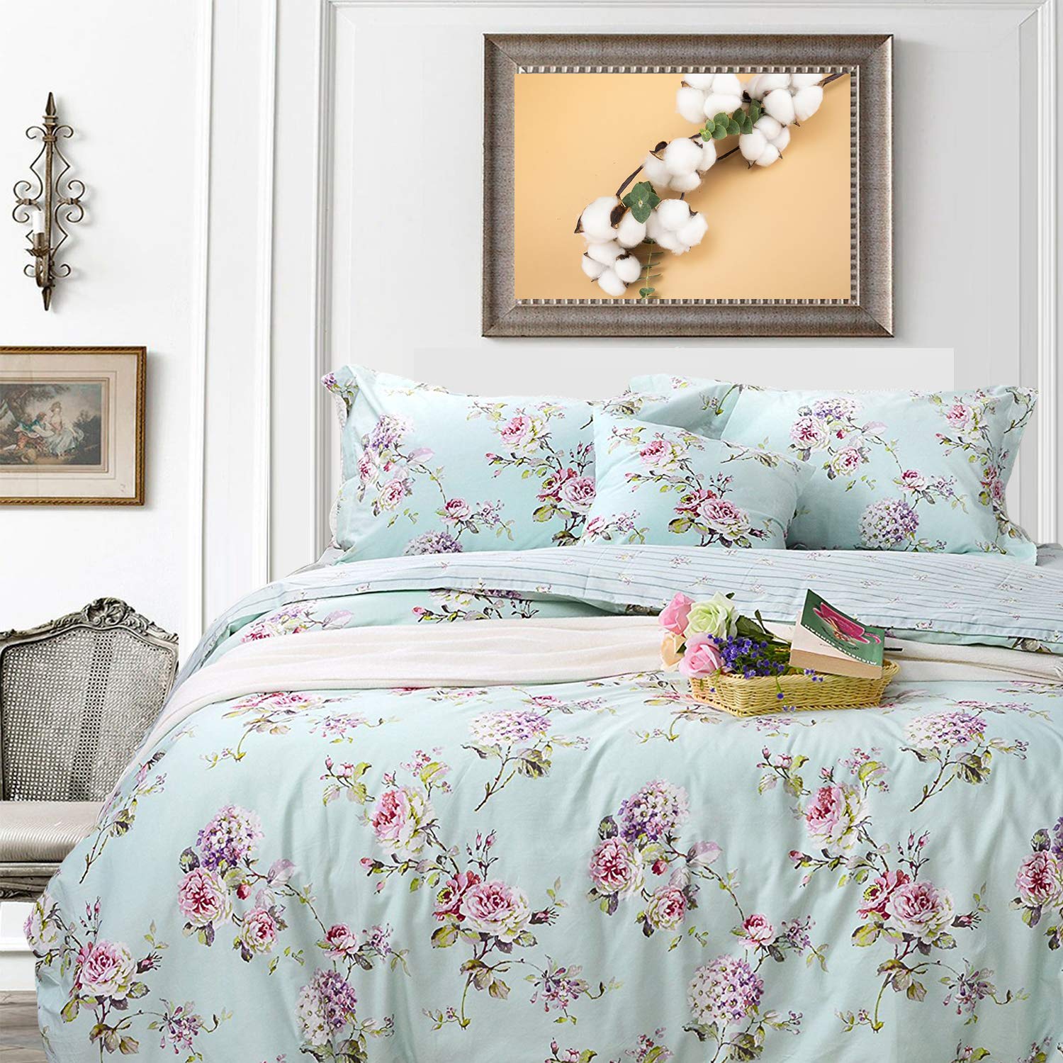 Fadfay Cotton Duvet Cover Set Full Size Blue Floral Bedding Set Super Soft Purple Hydrangea Flower Print Reverse To Striped Zipp