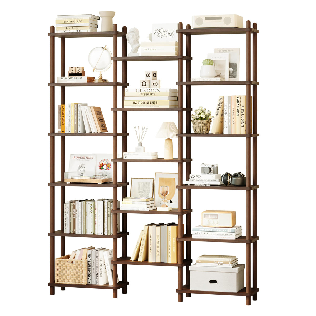 IOTXY Wooden Triple Wide Bookshelf, 6Tier Large Open Bookcase, Walnut