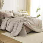 Litanika Comforter California King Size Set Oatmeal - 7 Pieces Bed In A Bag California King Beddding Comforter Sets, Plain Light