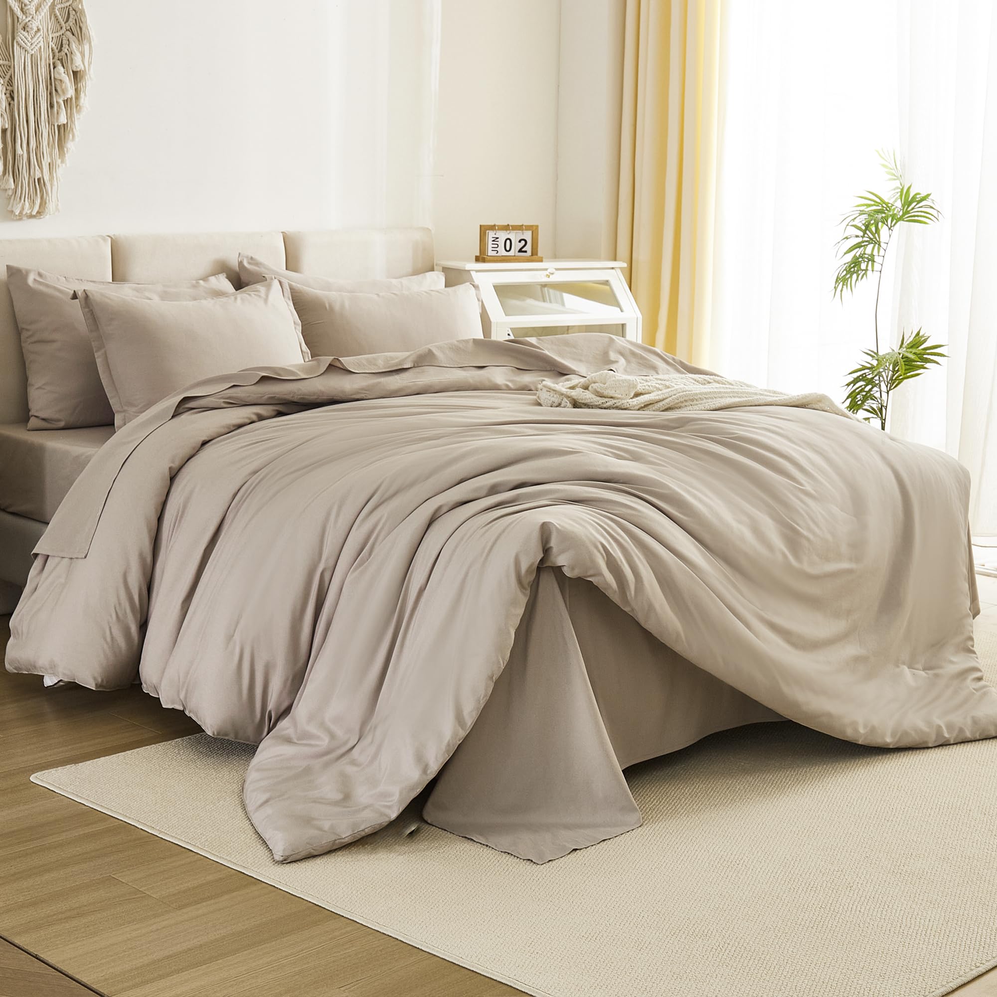 Litanika Comforter California King Size Set Oatmeal - 7 Pieces Bed In A Bag California King Beddding Comforter Sets, Plain Light