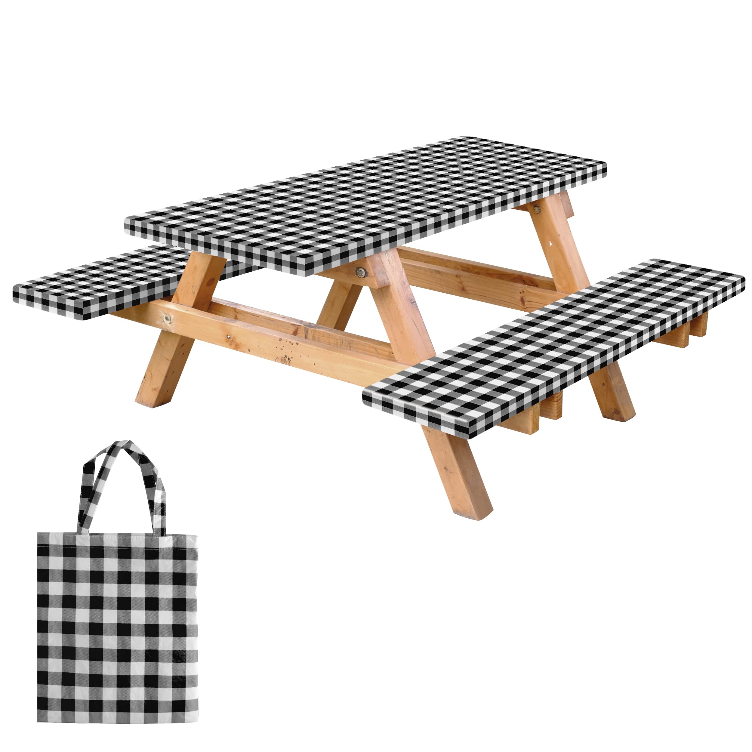 Rnoony Vinyl Fitted Picnic Table Cover With Bench Covers And Bag, Outdoor Waterproof Picnic Tablecloth With Elastic Edges, 72X30