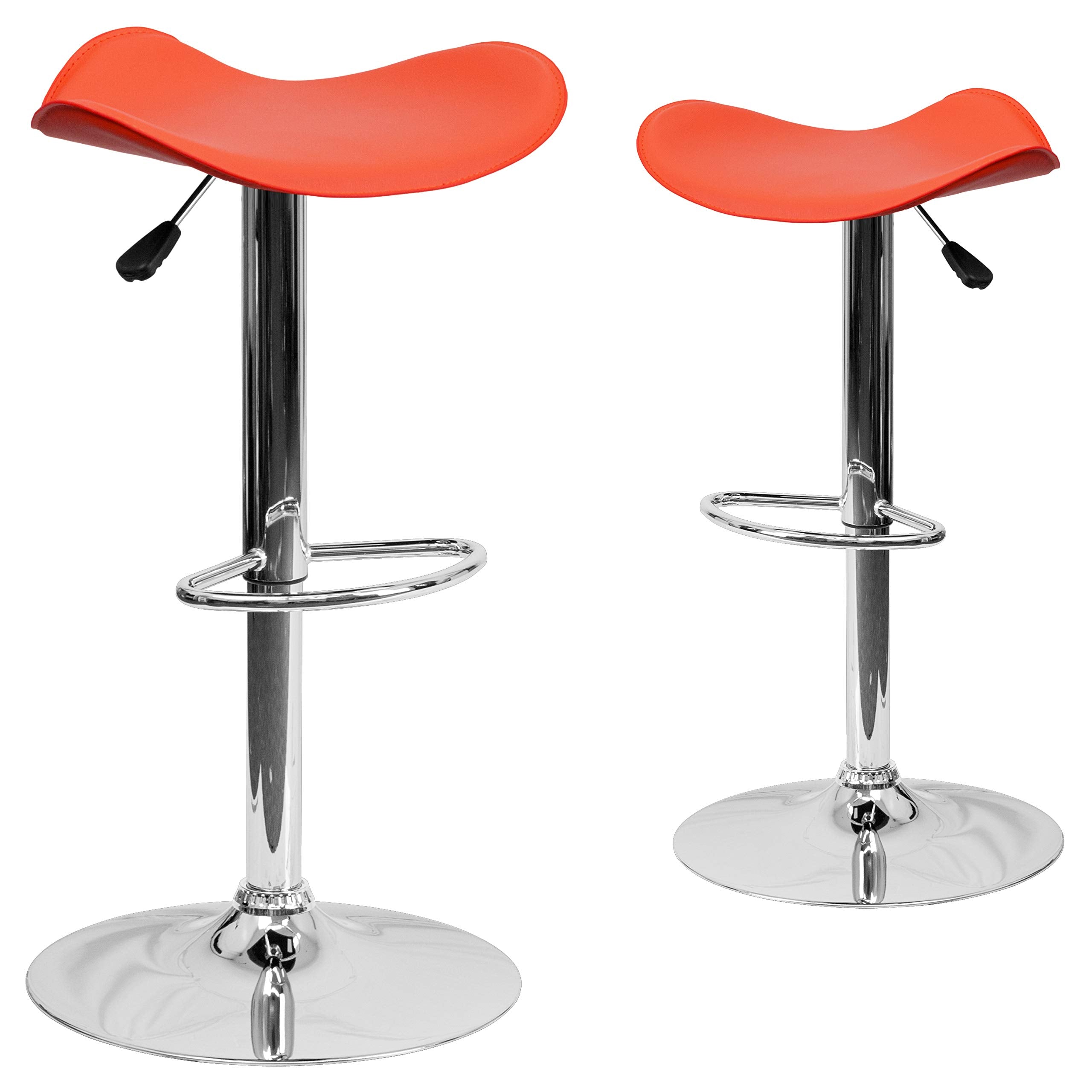 2 Pk. Contemporary Orange Vinyl Adjustable Height Barstool with Chrome Base