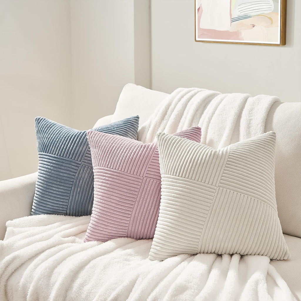 Topfinel 12X12 Inch Decorative Pillow Covers Set Of 2 For Couch Sofa Bed, Soft Corduroy Striped Patchwork Cream White Throw Pill