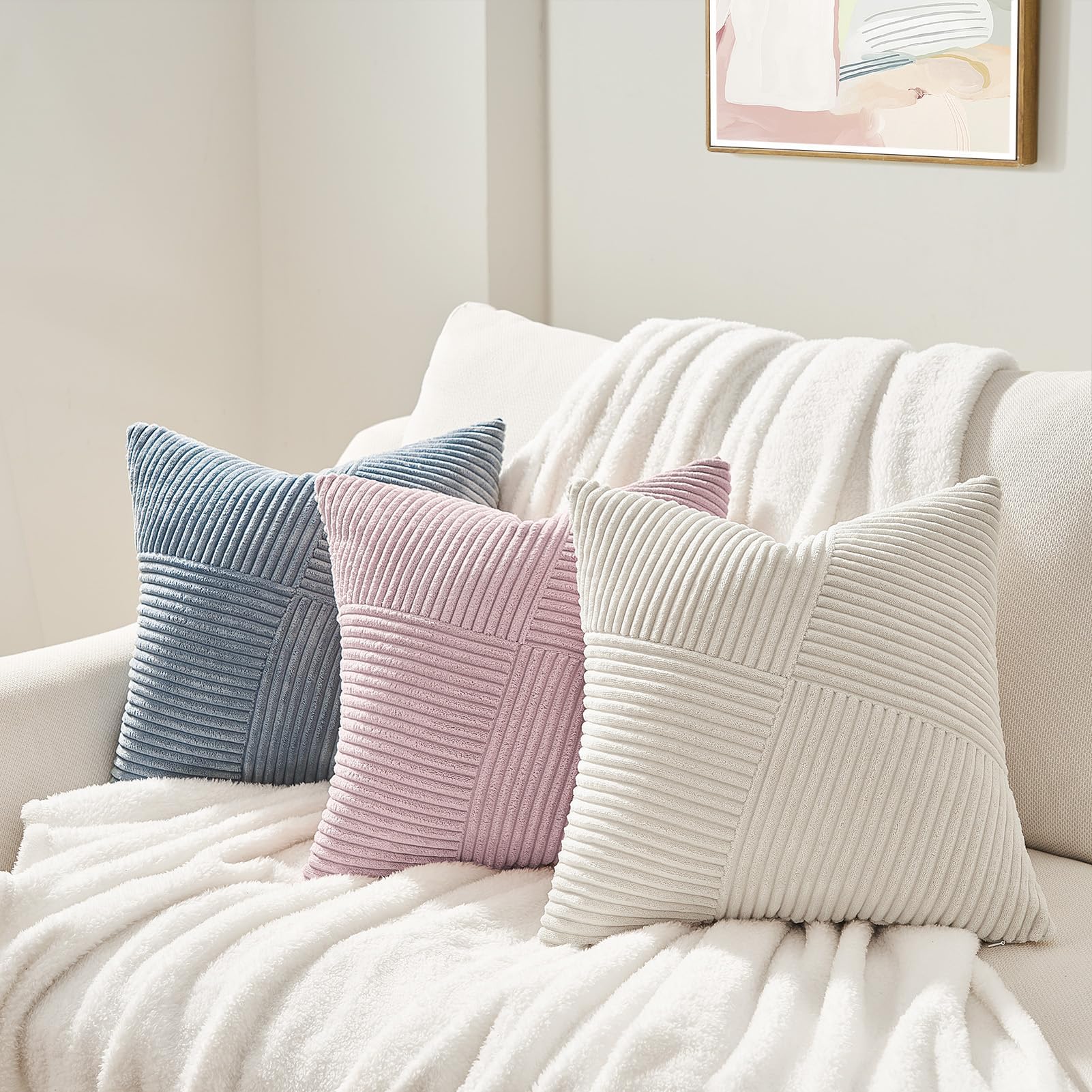 Topfinel 12X12 Inch Decorative Pillow Covers Set Of 2 For Couch Sofa Bed, Soft Corduroy Striped Patchwork Cream White Throw Pill