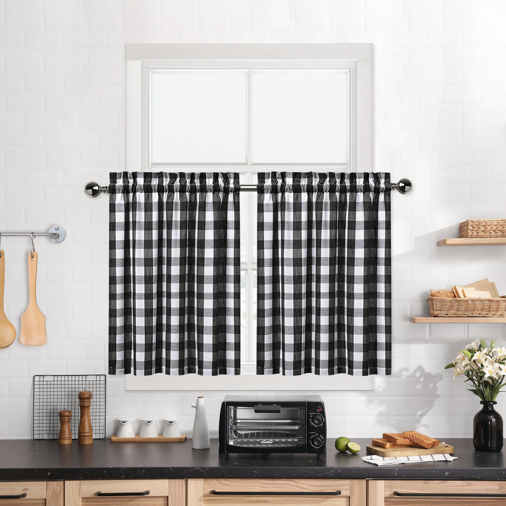 Kitchen Cafe Curtains 45 Inches Length, Buffalo Check Pattern Short Bathroom Window Curtain, Plaid Gingham Design Half Window Ti