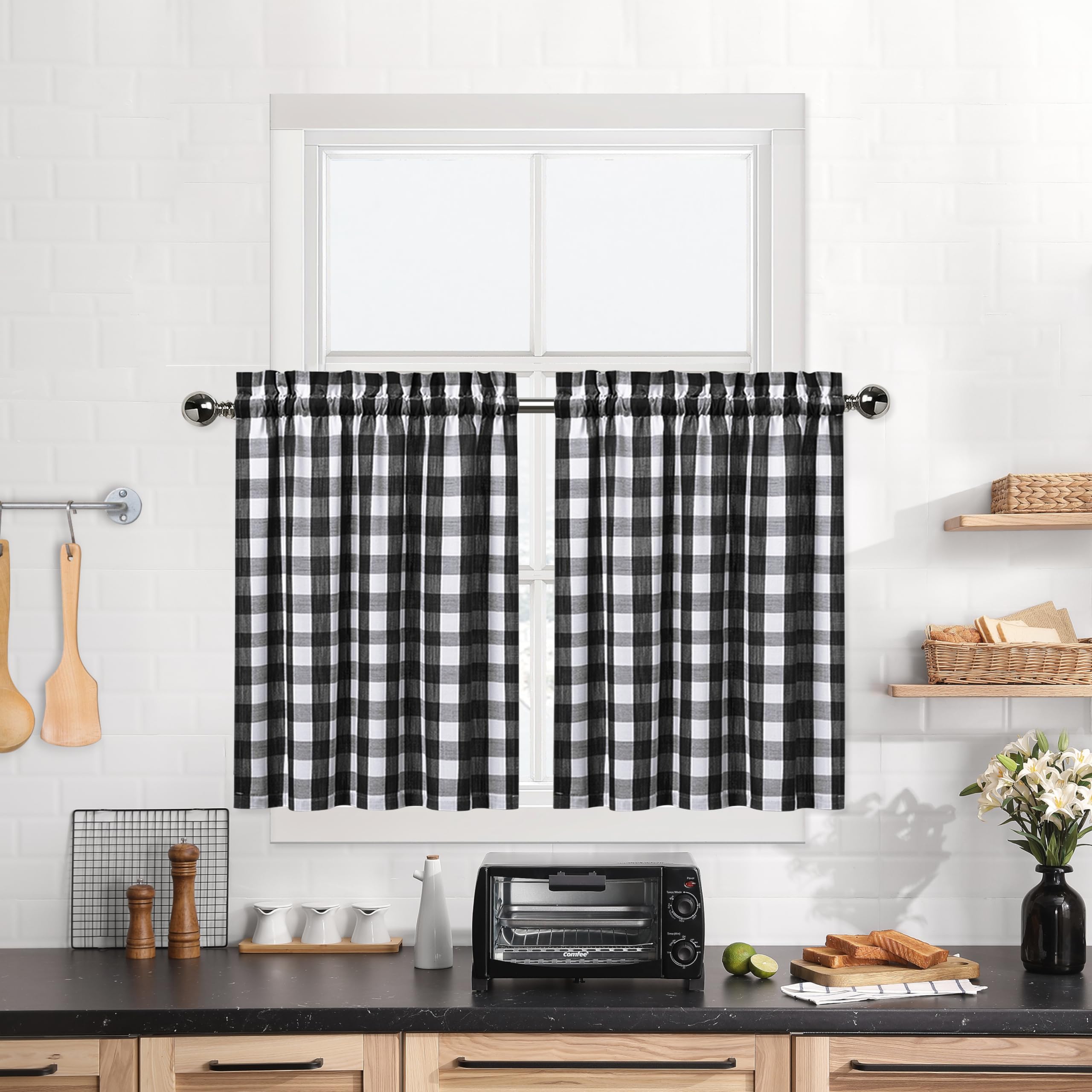 Kitchen Cafe Curtains 45 Inches Length, Buffalo Check Pattern Short Bathroom Window Curtain, Plaid Gingham Design Half Window Ti