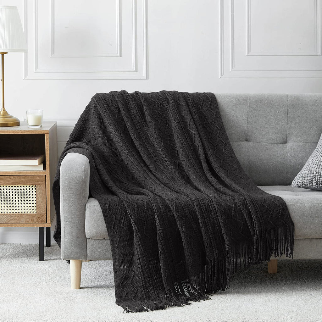 Bourina Throw Blanket Textured Solid Soft Sofa Throw Couch Cover Knitted Decorative Blanket, 50 X60 Inches Black