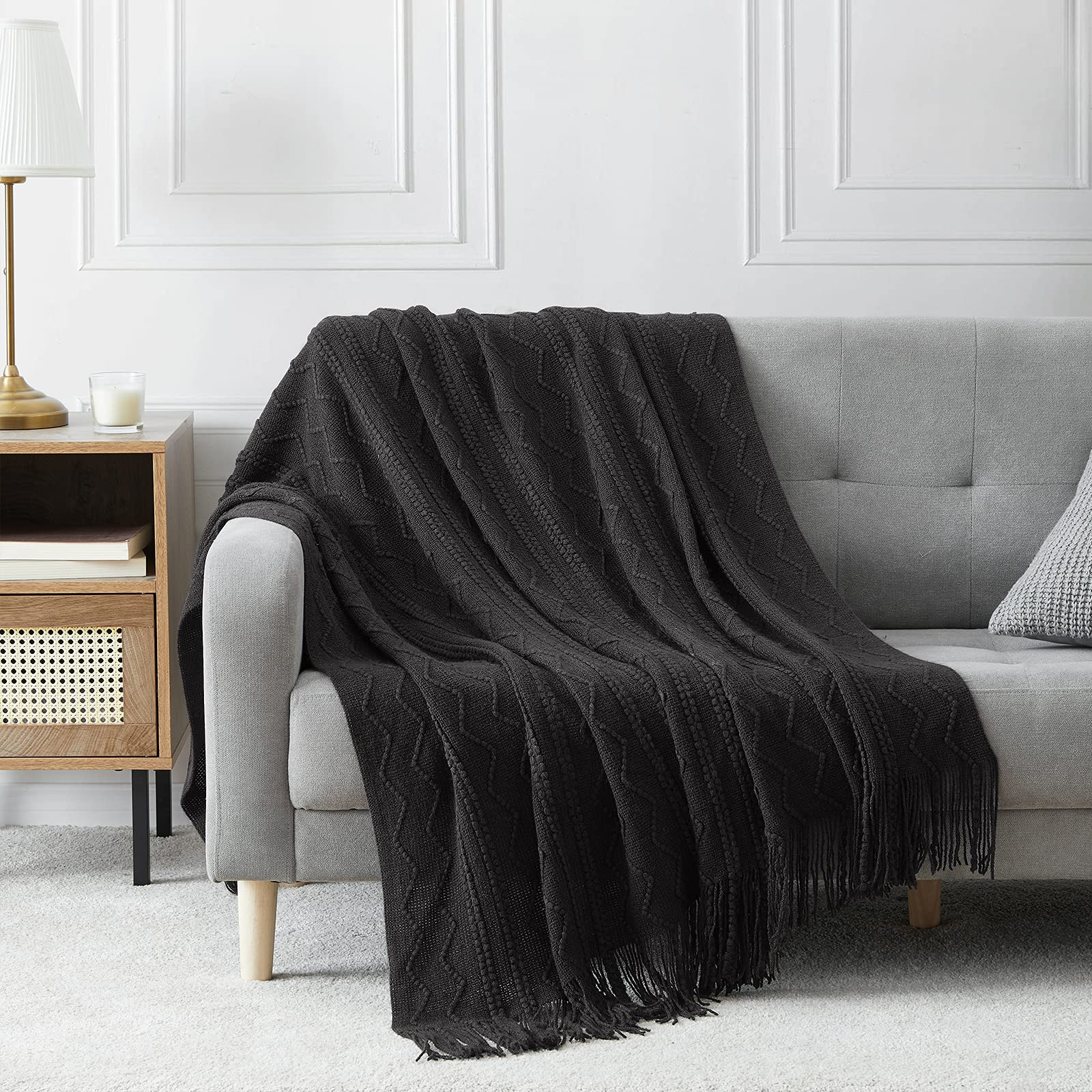 Bourina Throw Blanket Textured Solid Soft Sofa Throw Couch Cover Knitted Decorative Blanket, 50 X60 Inches Black