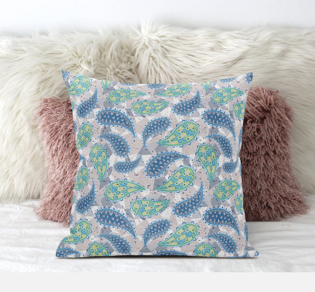 HomeRoots Cream Magenta Red 16â€ Green Indigo Boho Paisley Zippered Suede Throw Pillow