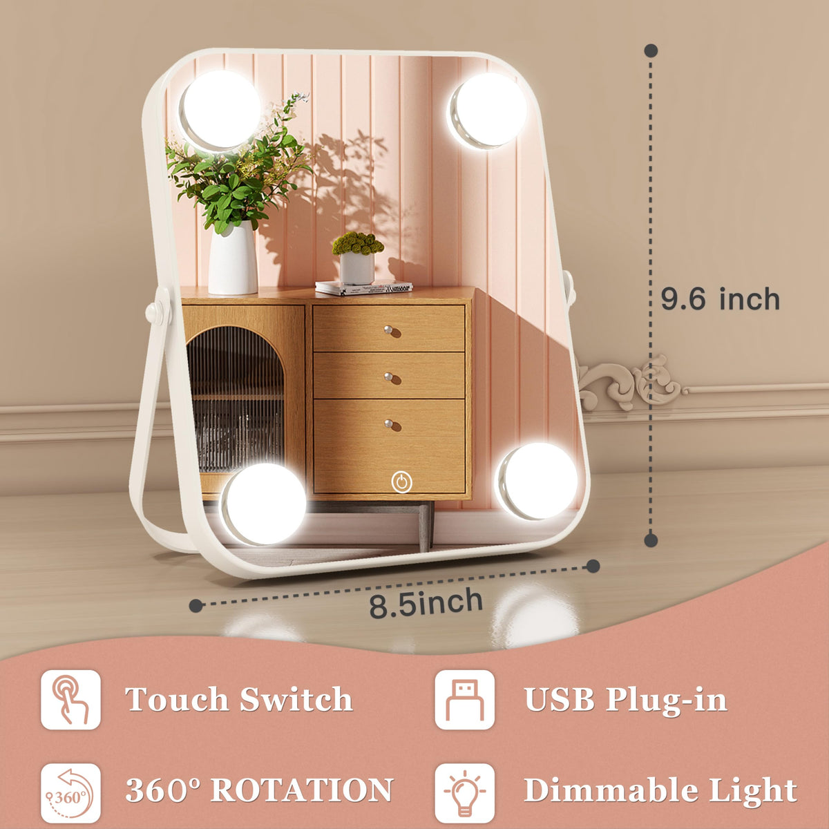 Rolove 8'X10' Lighted Vanity Mirror, Makeup Mirror With Light, Dimmable Touch Screen, Portable Travel Mirror With U-Shaped Bra
