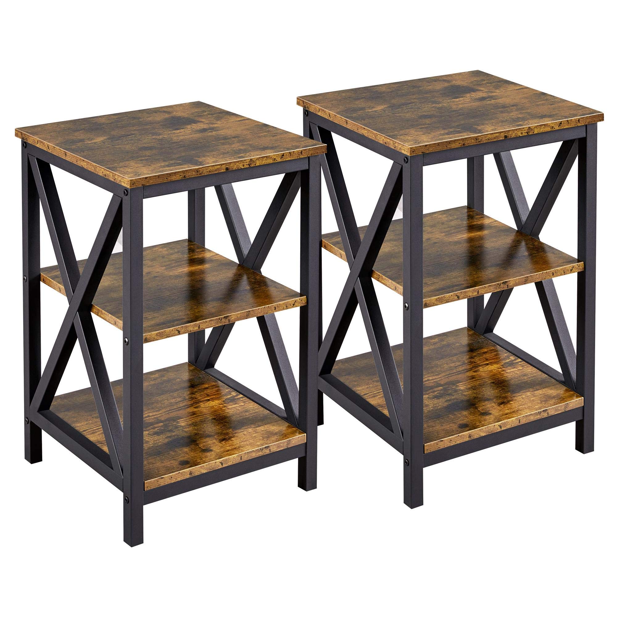 Yaheetech Industrial End Tables Set of 2, 3-Tier Side Tables with Storage Shelves for Living Room, X Design, Strong Metal Frame,