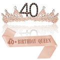 40th Birthday Decorations for Women, Black Rose Gold 40th Birthday Crown and Sash Womens 40 Year Old Tiara Gifts Party Favors fo