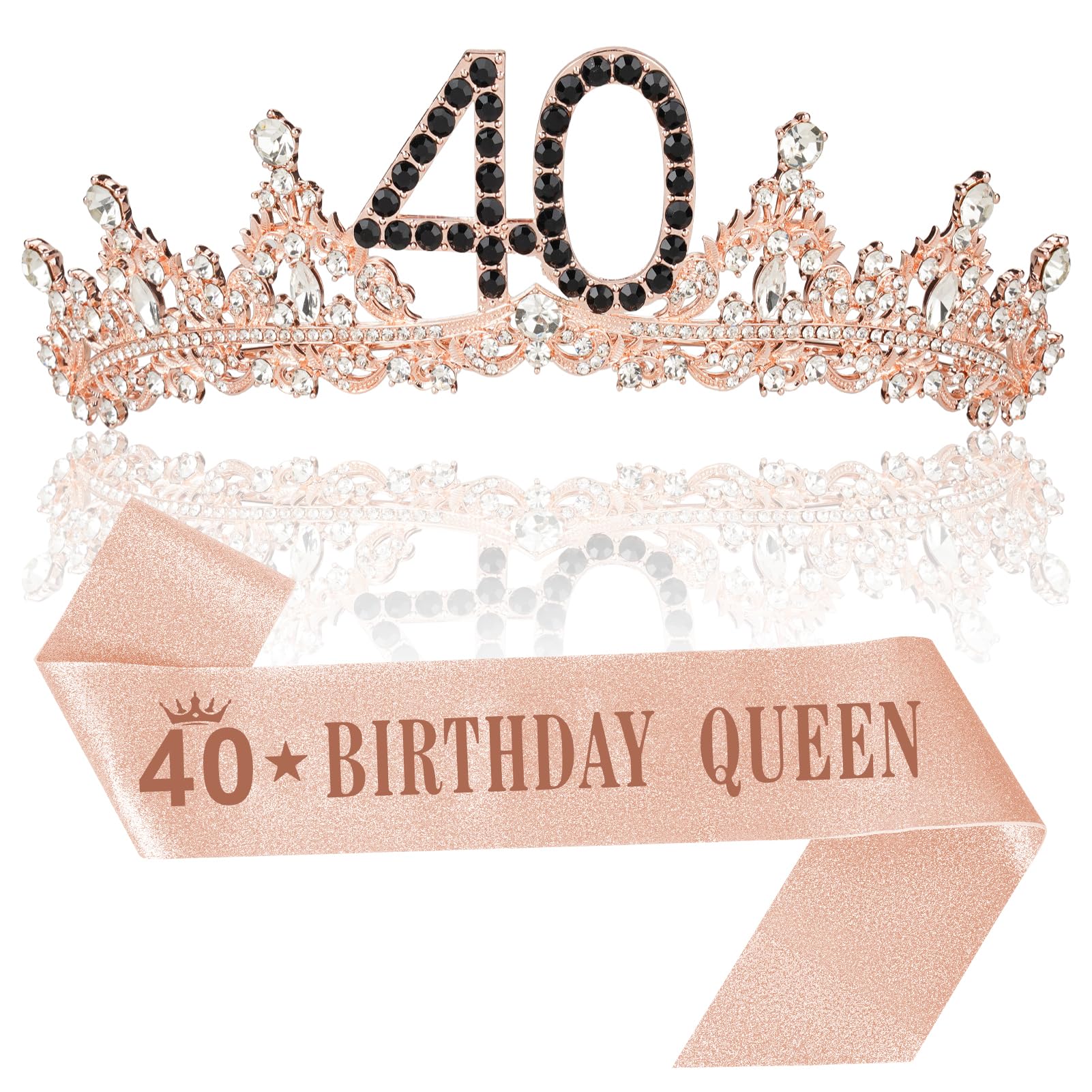 40th Birthday Decorations for Women, Black Rose Gold 40th Birthday Crown and Sash Womens 40 Year Old Tiara Gifts Party Favors fo