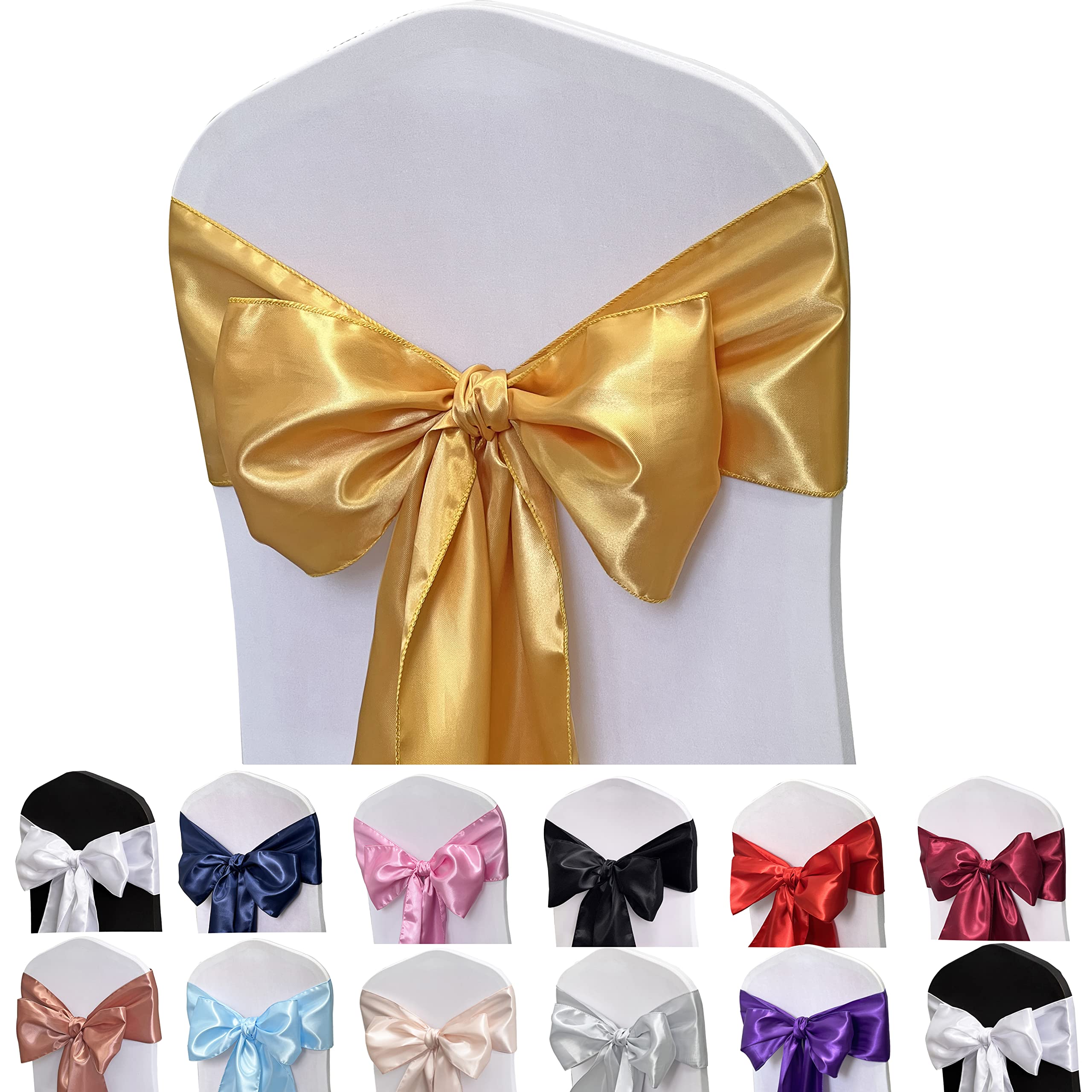 Maiangel Satin Chair Sashes Bows-12Pcs Chair Ribbon Ties Back Sash For Wedding Party Events Banquet Chair Cover Decoration (Gold