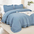 Litanika Grayish Blue Full Size Comforter Sets, 3 Pieces Ruffle Farmhouse Aesthetic Bedding Comforter Sets, All Season Soft Ligh