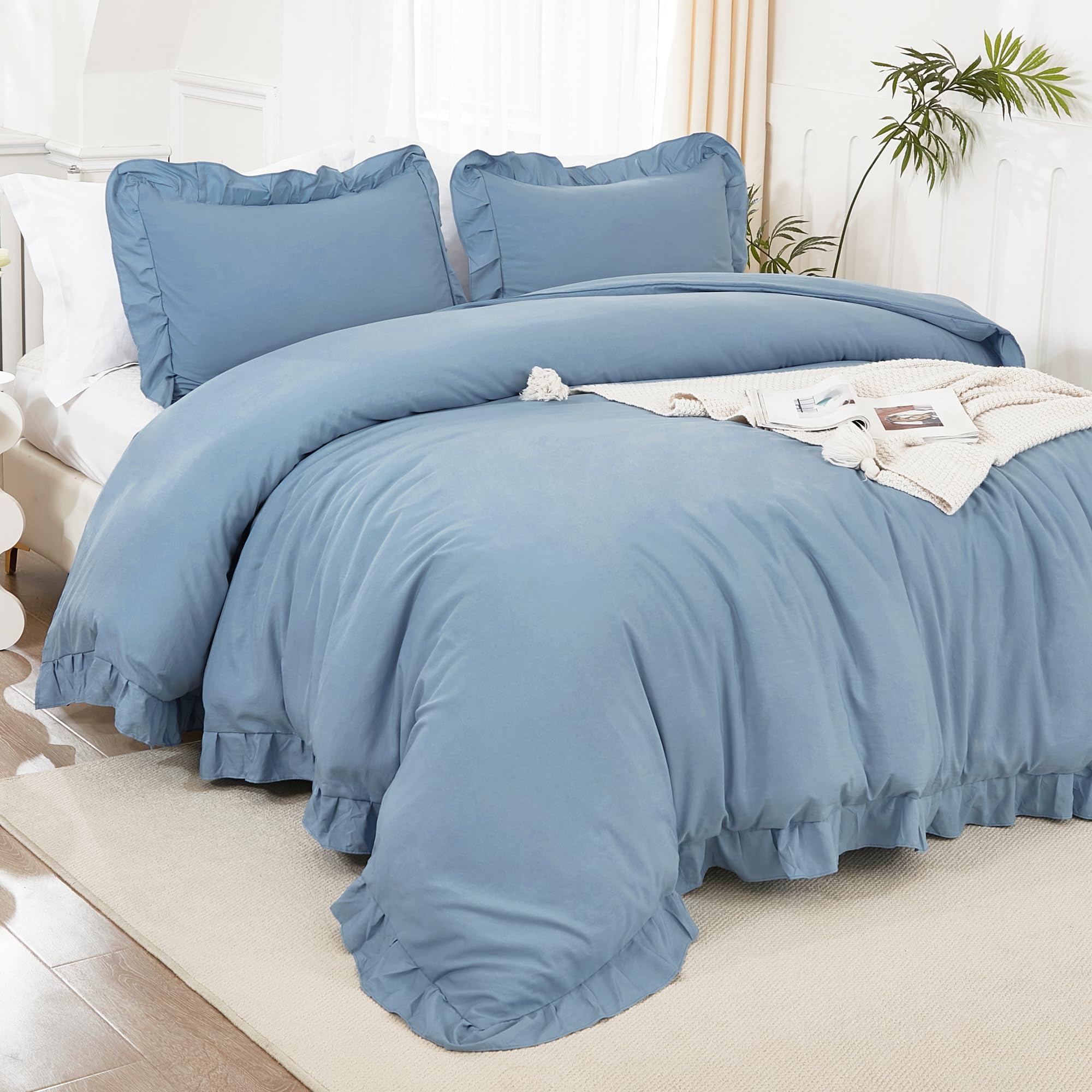 Litanika Grayish Blue Full Size Comforter Sets, 3 Pieces Ruffle Farmhouse Aesthetic Bedding Comforter Sets, All Season Soft Ligh