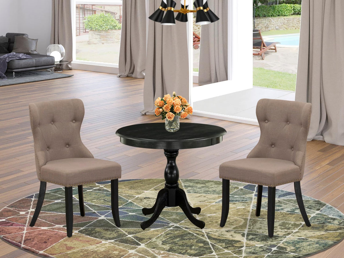 East West Furniture AMSI3-ABK-48 3 Piece Modern Dining Table Set Contains a Round Kitchen Table with Pedestal and 2 Coffee Linen Fabric Parsons Dining Chairs, 36x36 Inch, Wirebrushed Black