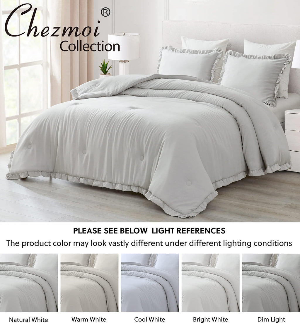 Chezmoi Collection Nora 3-Piece Ruffled Edge Trim Soft Washed Microfiber Comforter Set (Oversized Queen, Light Gray)