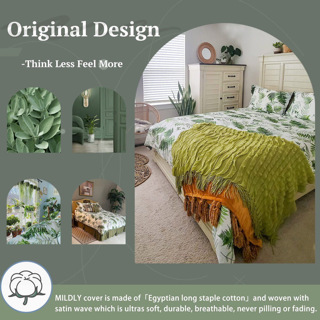 Mildly 100% Long-Staple Cotton Duvet Cover Set Green Palm Leaf Pattern Printed Comforter Cover 3Pcs, Ultra Soft & Breathable Bed