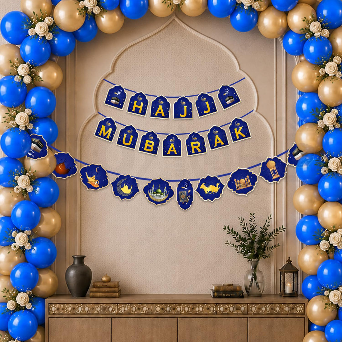 Zyozique Hajj Mubarak Decoration Kit with Hajj Mubarak Paper Banner, Islamic Character Paper Banner & 25 Metallic Balloons | 27 