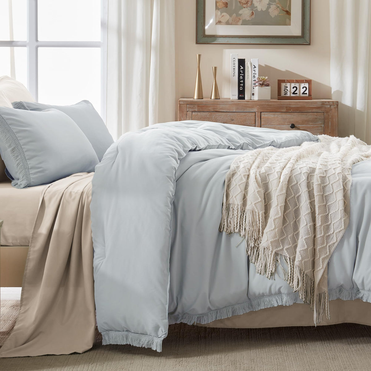 Andency Light Grey Comforter Set Queen, 3 Pieces Boho Tassel Lightweight Bedding Comforter Sets, All Season Soft Fluffy Fringe Bed Set (90X90In Comforter & 2 Pillowcases)