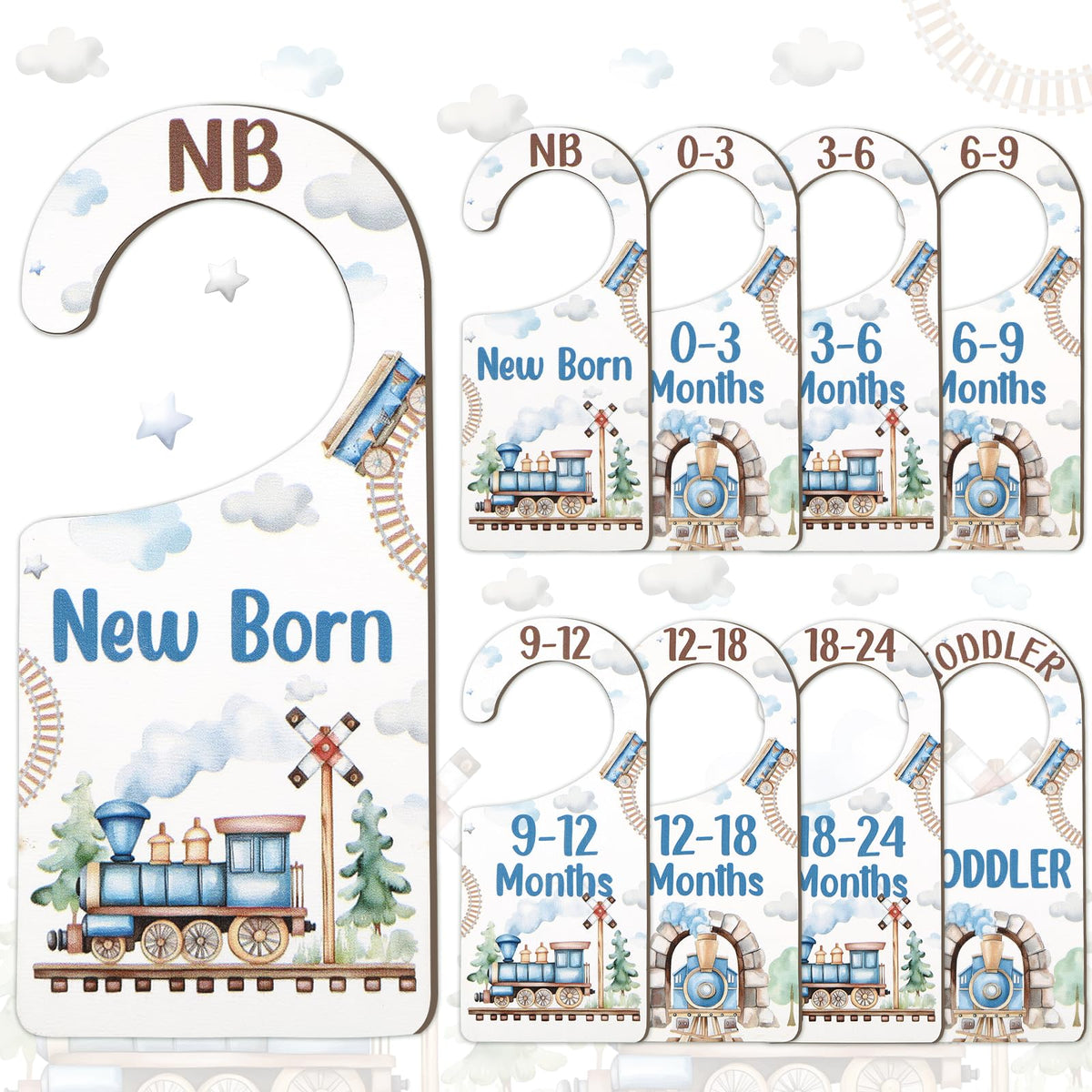 CORNER LACE Baby Closet Dividers 8PCS, Retro Train Themed Wooden Double-Sided Clothes Size Hanger/Organizer from Newborn to Todd