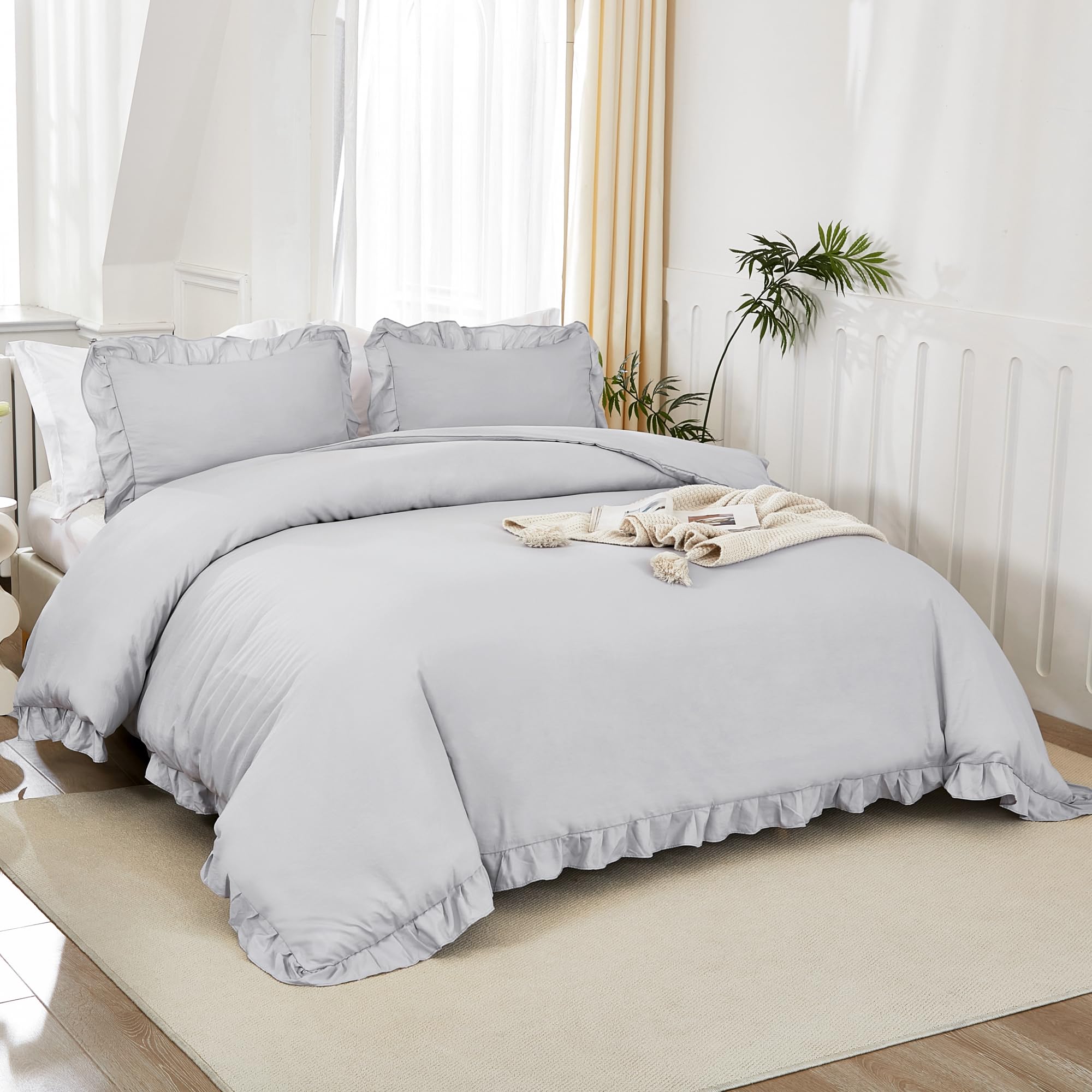 Litanika Light Grey King Size Comforter Set, 3 Pieces Ruffle Farmhouse Aesthetic Bedding Comforter Set, All Season Soft Lightwei