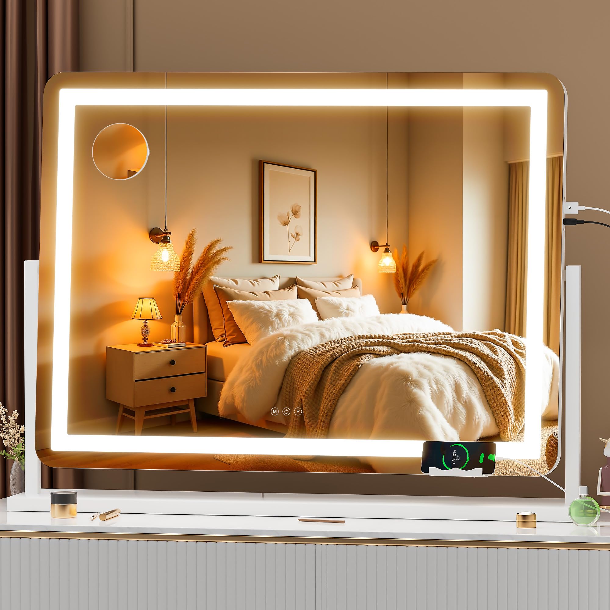 Hasipu Vanity Mirror with Lights, 34.3 x 25.2 LED Makeup Mirror, Light up Mirror with 10X Magnification and Phone Holder, USB Ch