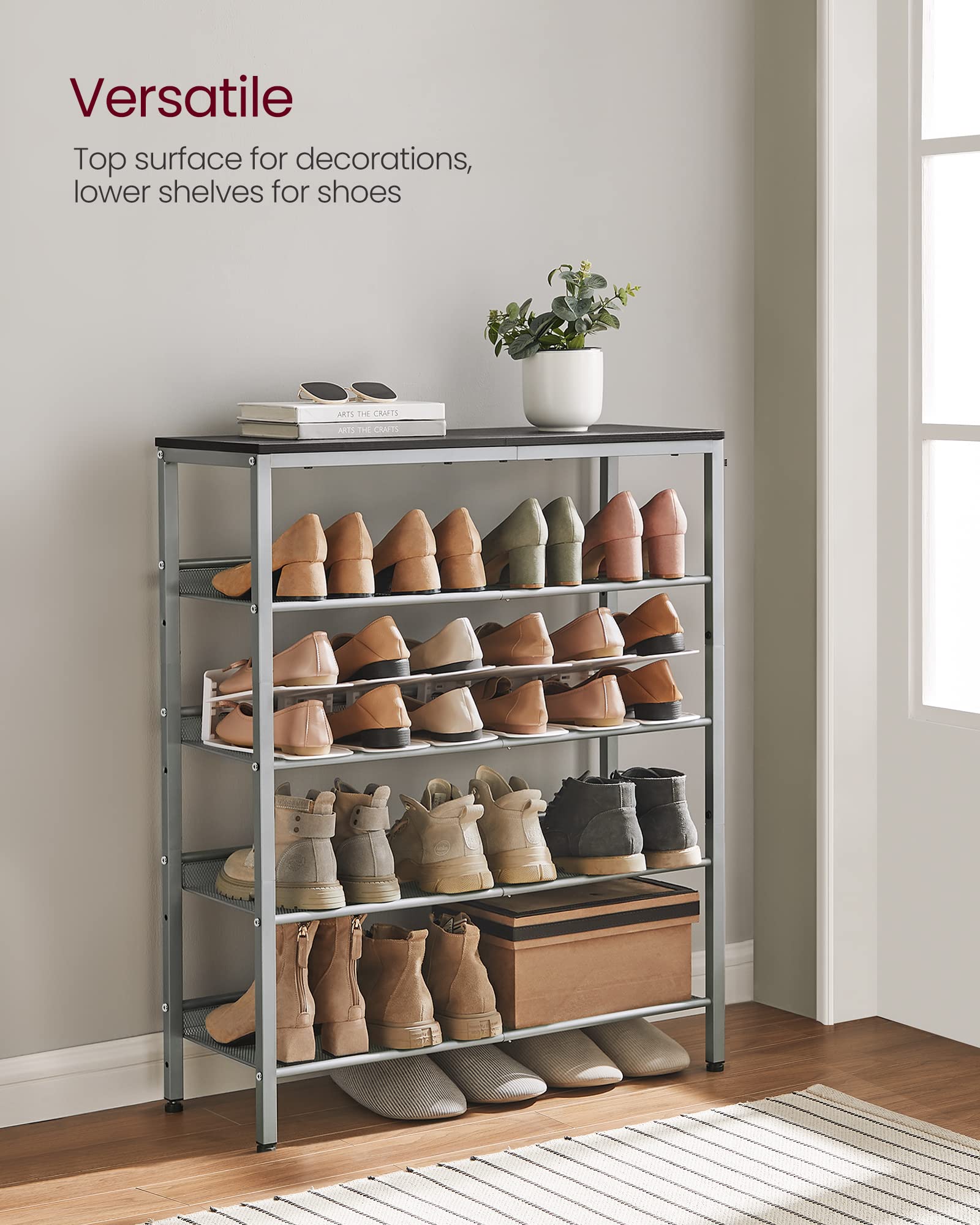 VASAGLE 5-Tier Shoe Rack Organizer - Adjustable, Charcoal Grey & Metallic Silver - Freestanding with Storage Shelves - Model ULBS038E22