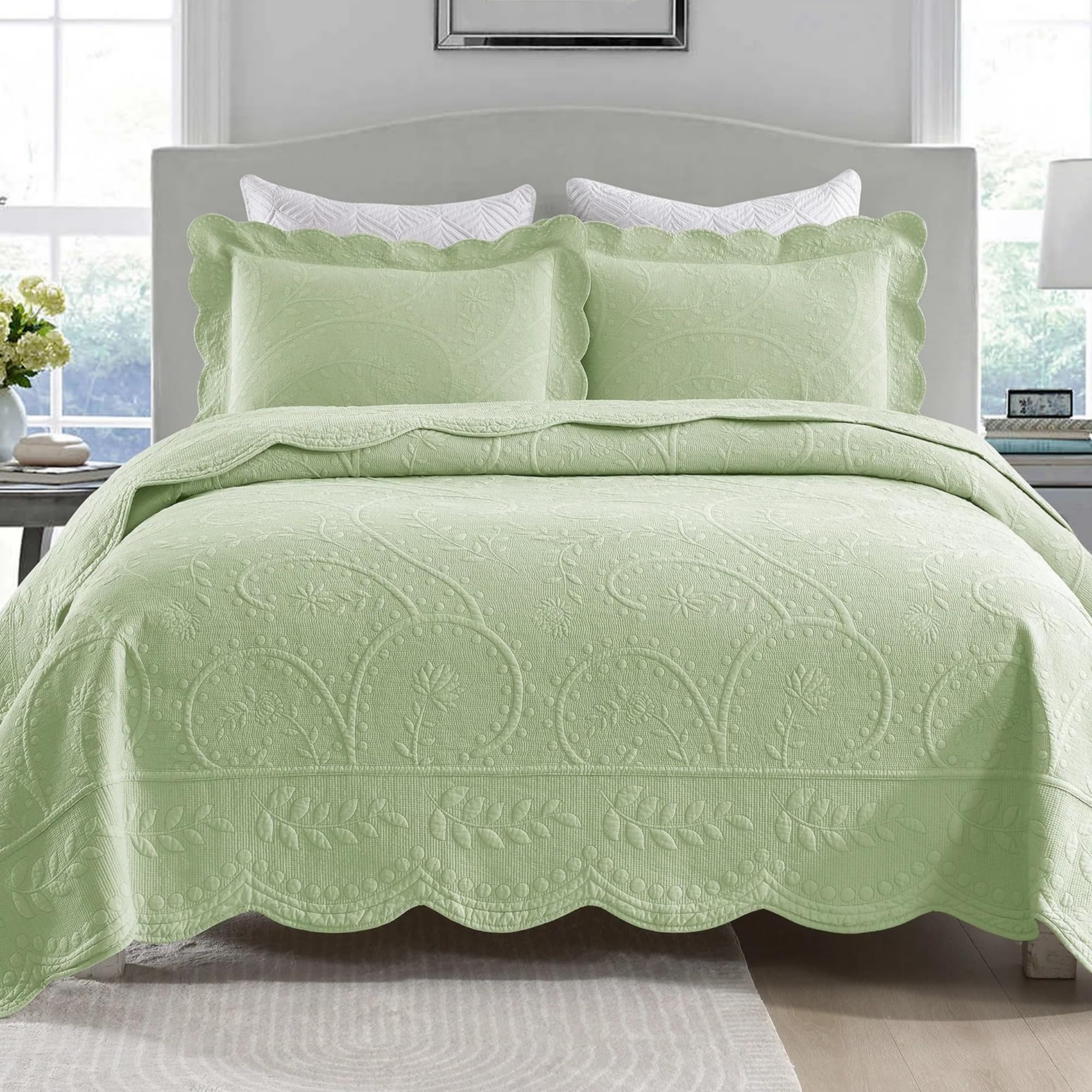 MarCielo 3-Piece 100% Cotton Oversized Bedspread Lightweight Quilt Coverlet Embroidery Farmhouse Bedding Set (TX Pale Green, Que