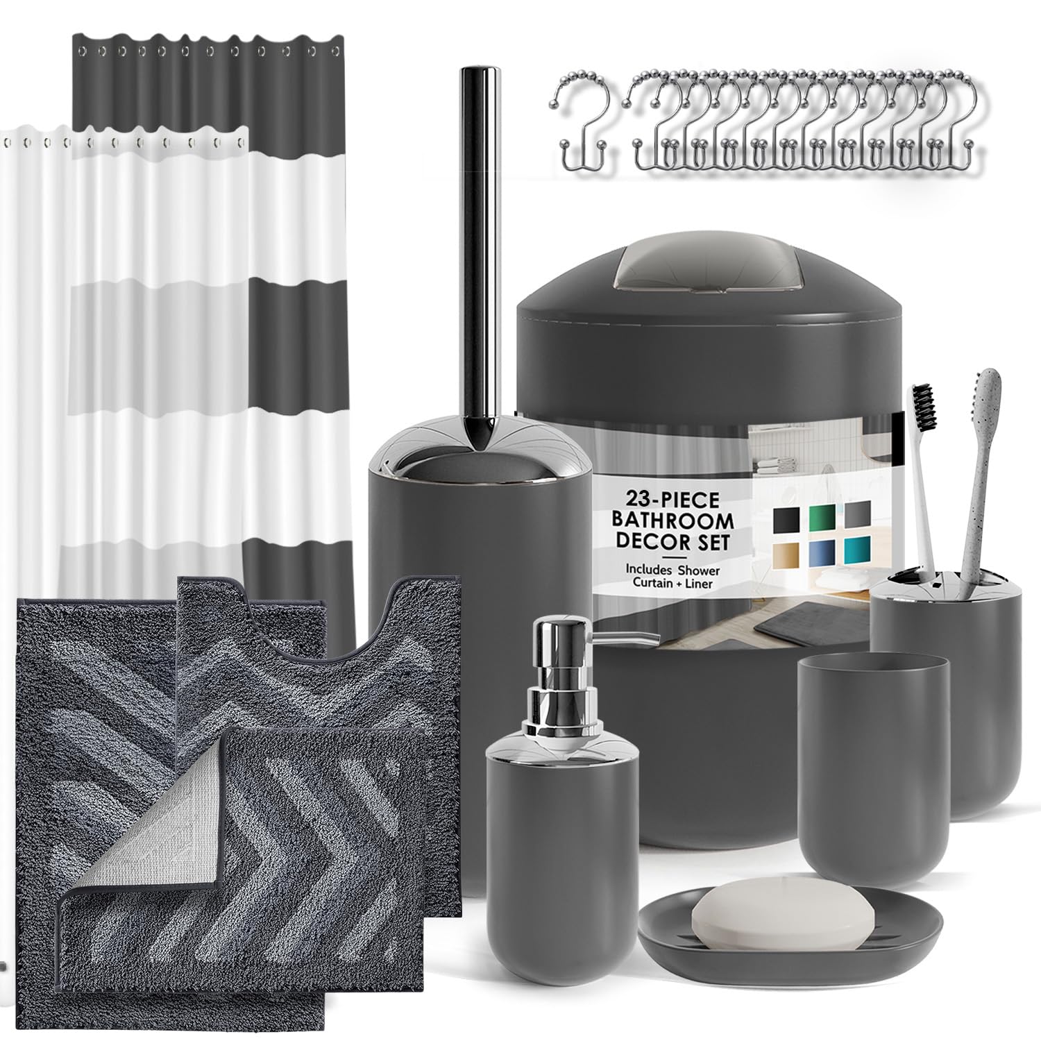 Clara Clark Bathroom Accessories Set - 23PC Shower Curtain Set with Bathroom Trash Can, Grey Bathroom Set, Bathroom Sets with Sh