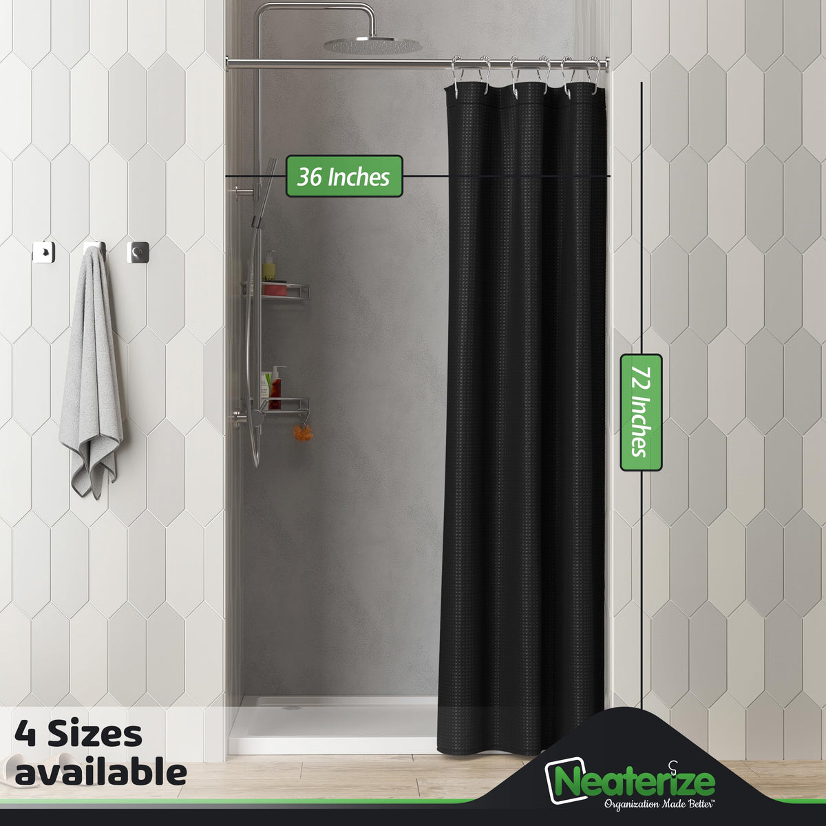 Neaterize Stall Shower Curtain Black - Hotel Style Black Shower Curtains For Bathroom With Waffle Design, 36X72 Inches - Fabric