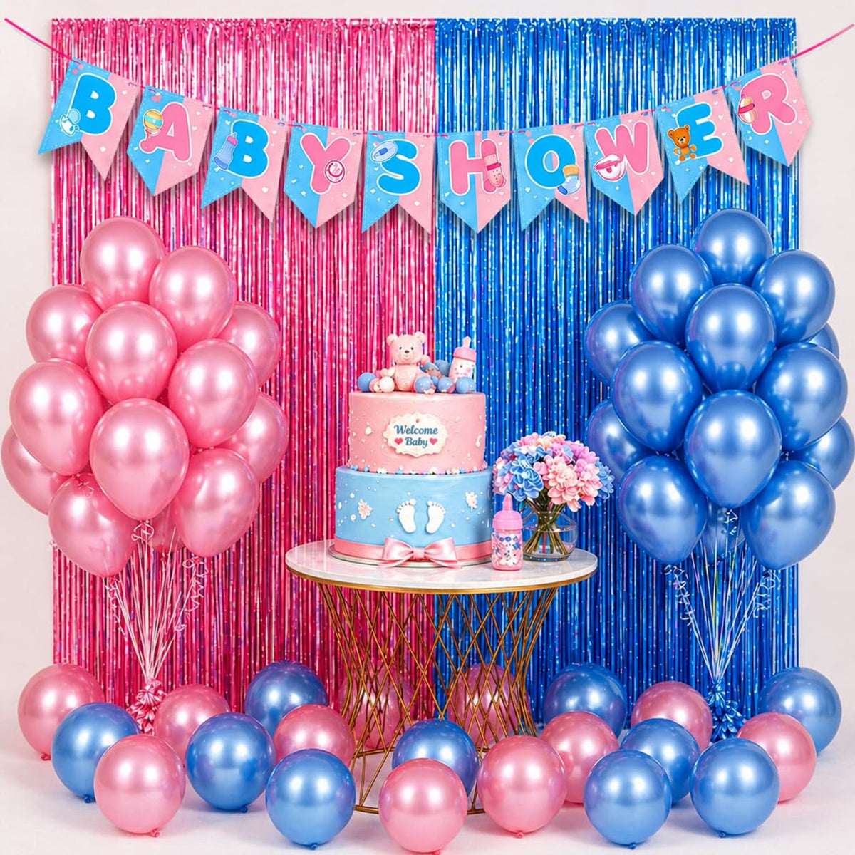 PARTYLOONZ Baby Shower Decoration Items Kit (34 PC Pack), Mom to Be Photoshoot Backdrop Combo Set, Metallic Balloons, Baby Showe