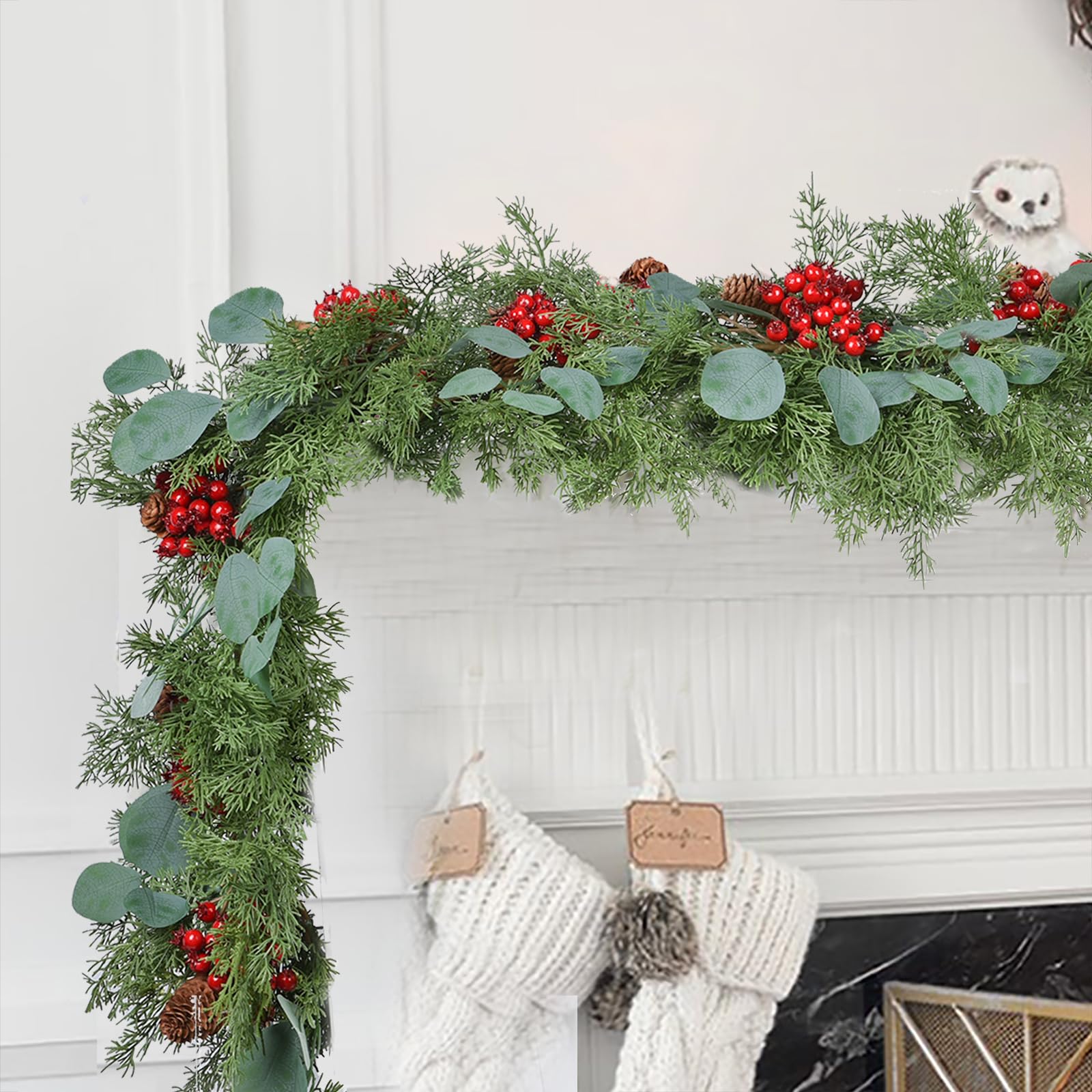 Lvydec Christmas 6Ft Pine Christmas Garland, Realistic Artificial Faux Greenery Garland with Pine Cone,Berry and Eucalyptus Leav