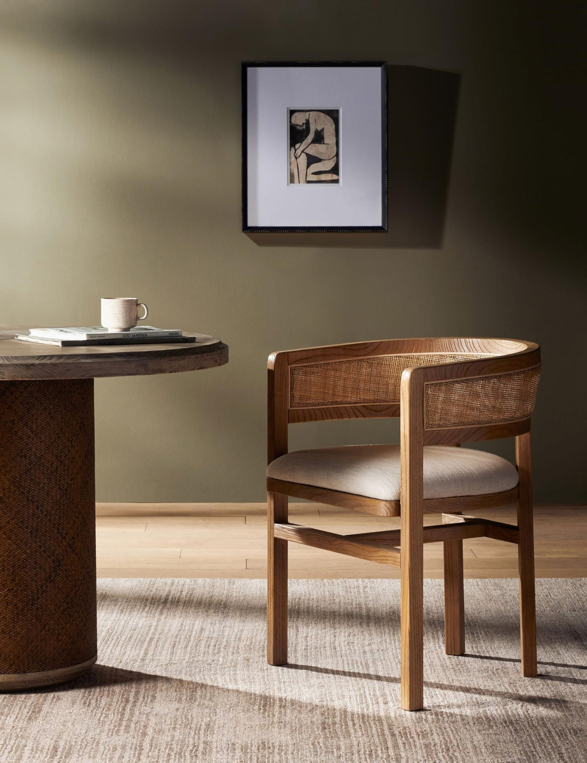 Quick Artsy Furniture Wooden Dining Chair With Cane Back And Upholstered Seat, Natural Oak, Midcentury Modern Style